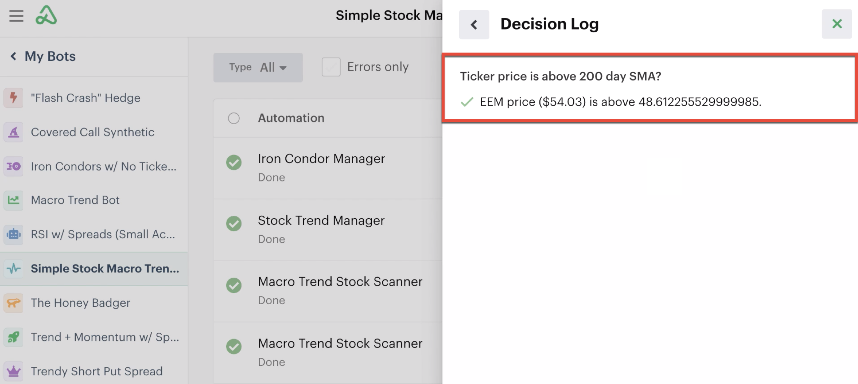 Decision log with recipe outcome highlighted