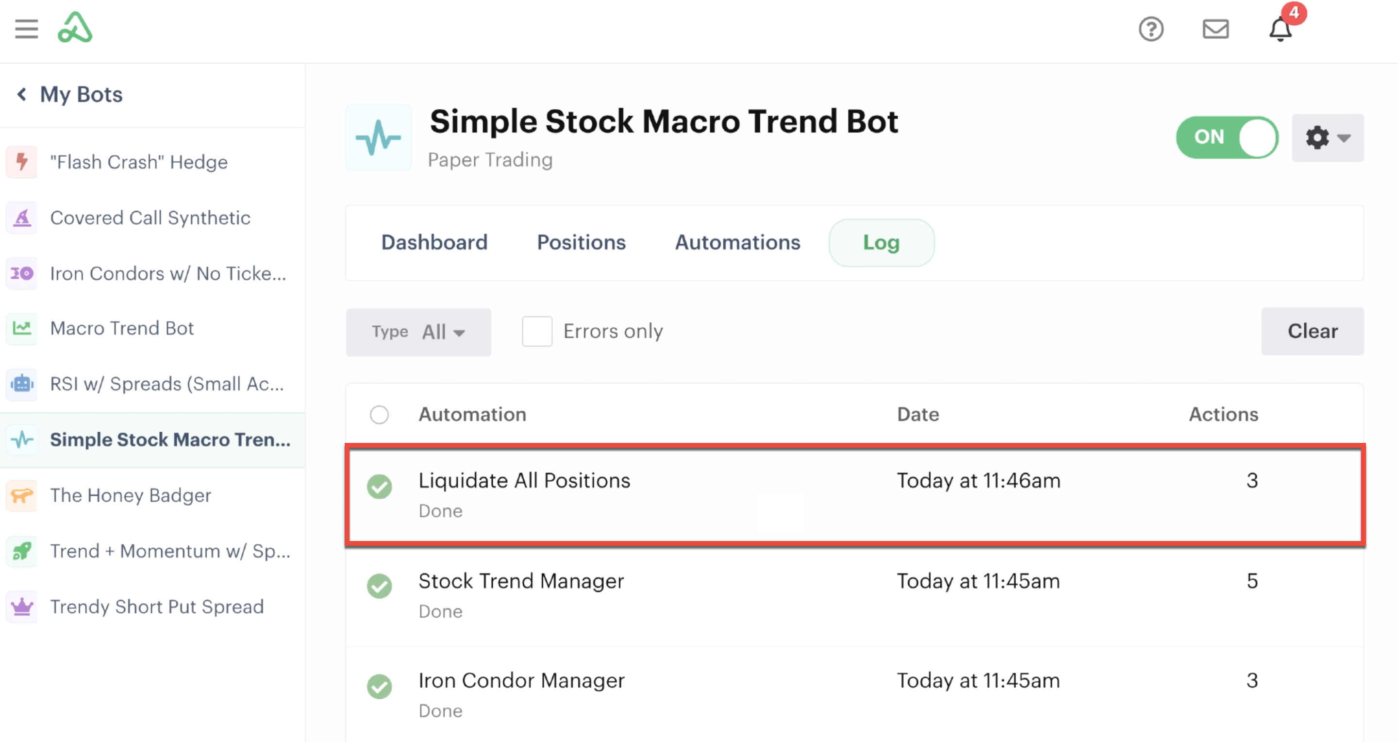 Bot log with most recent activity highlighted