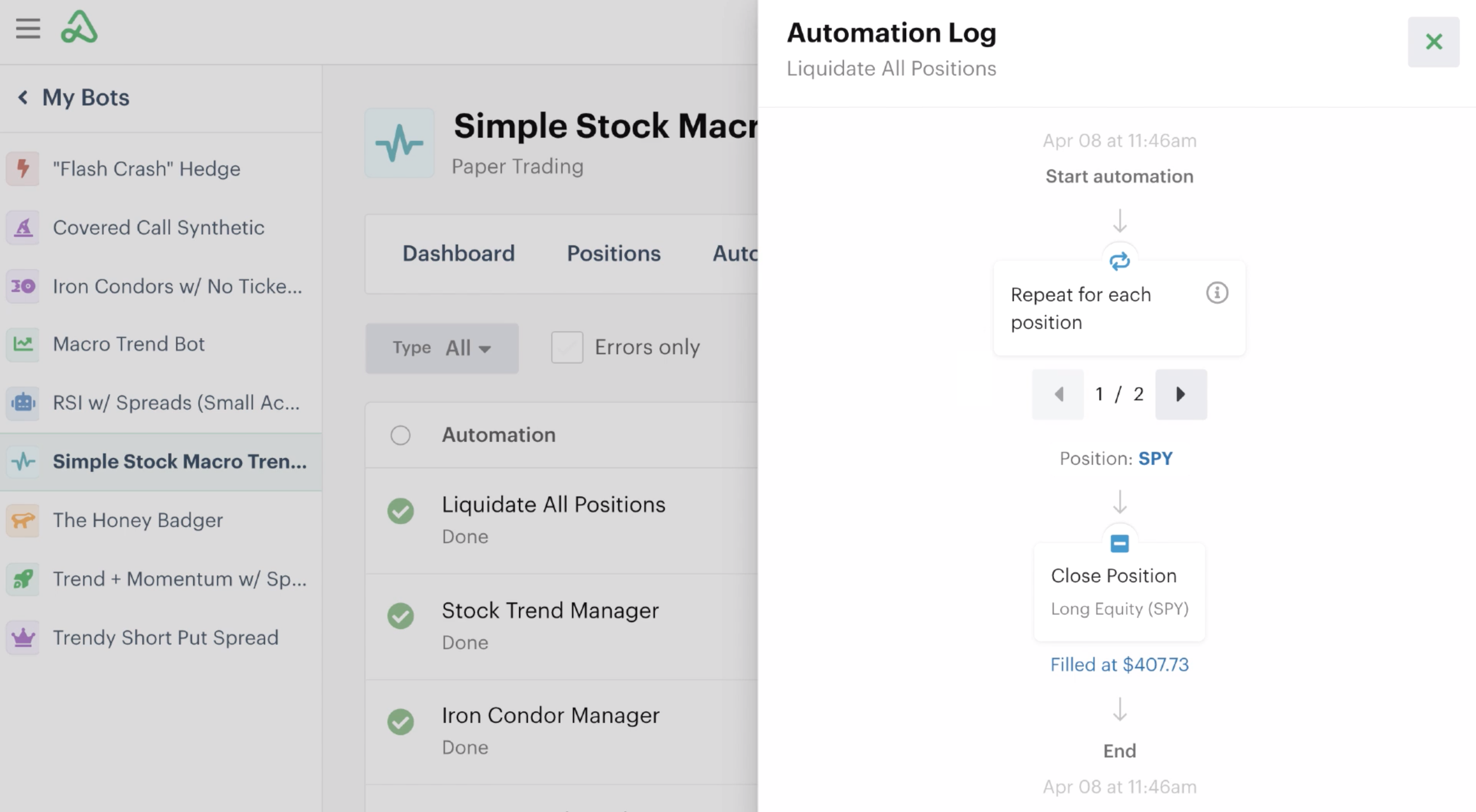 Activity details of a closing trade automation