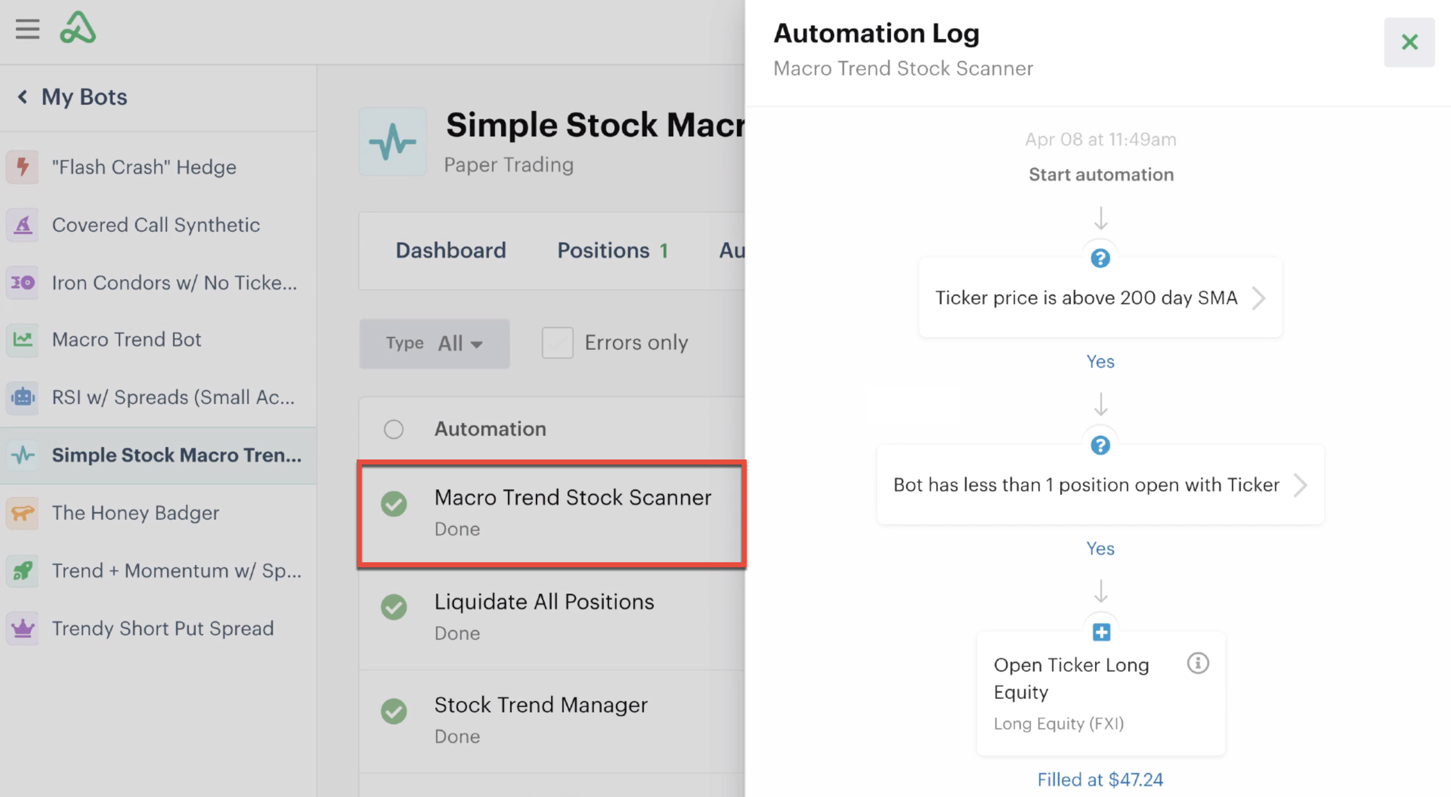 Automation log displaying actions of recent automation