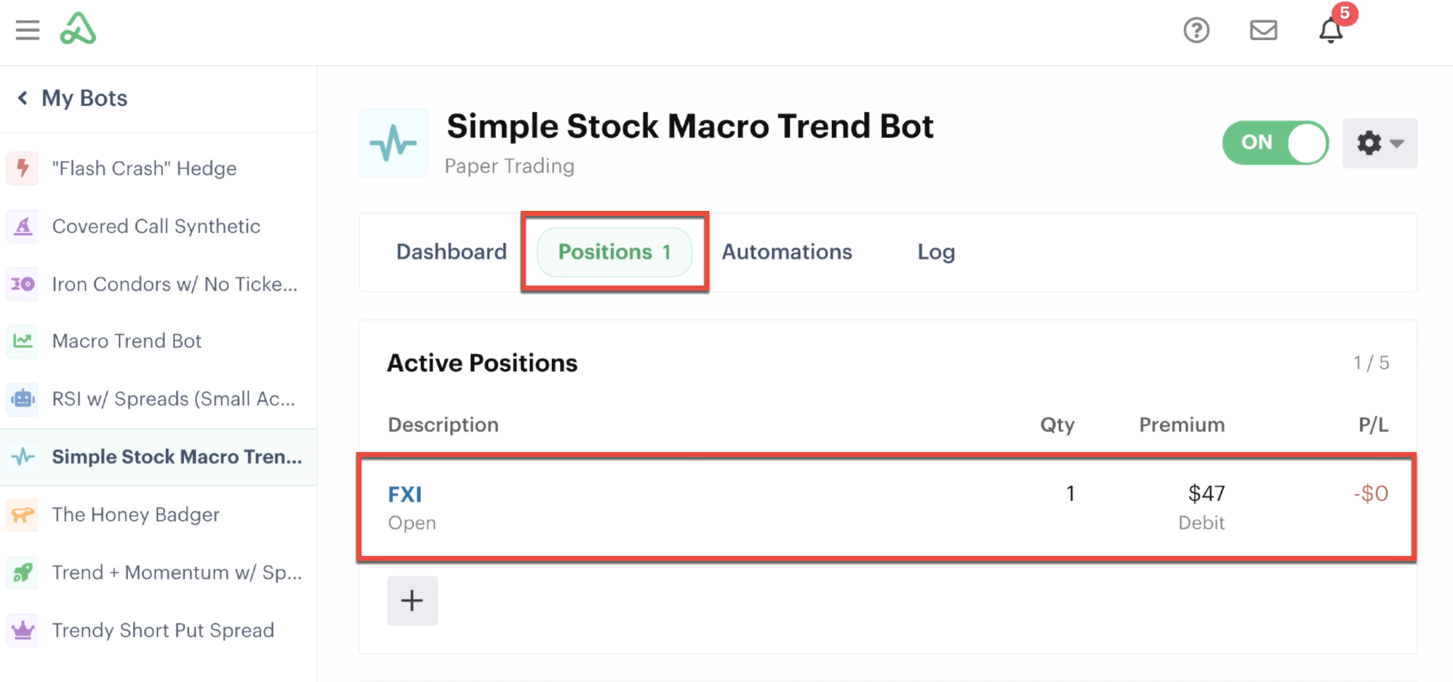New open position highlighted in the positions tab