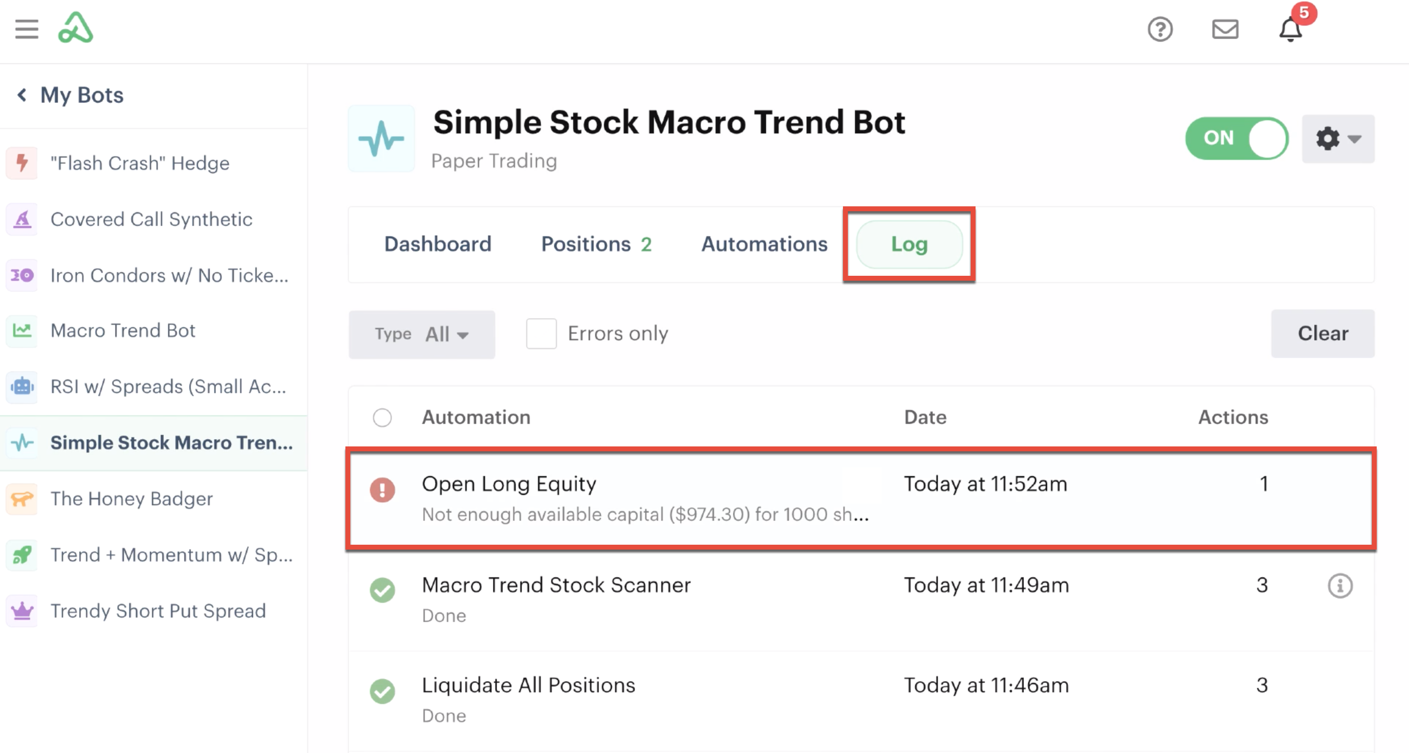 Bot error highlighted in the bot log
