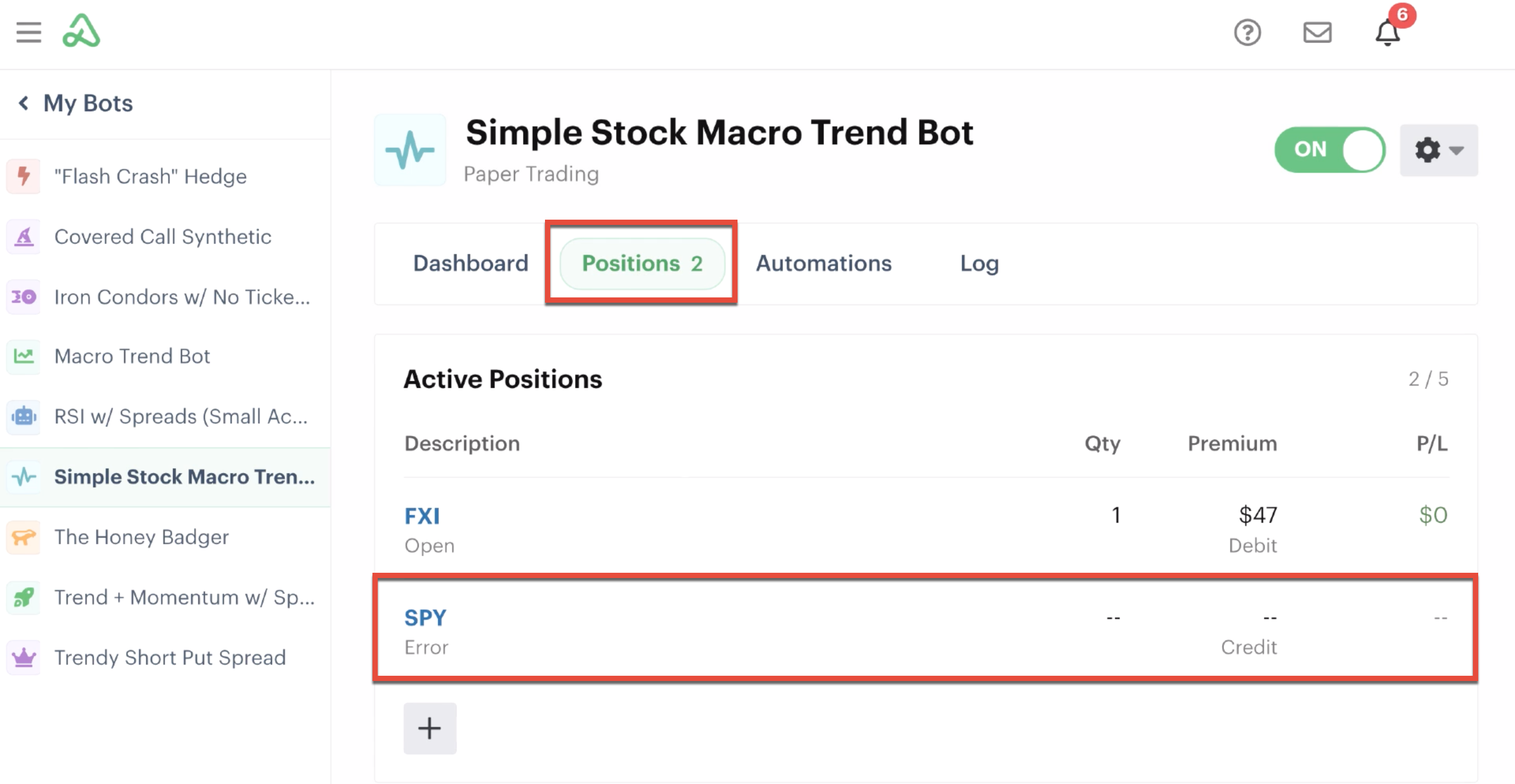 Position error displayed in positions tab