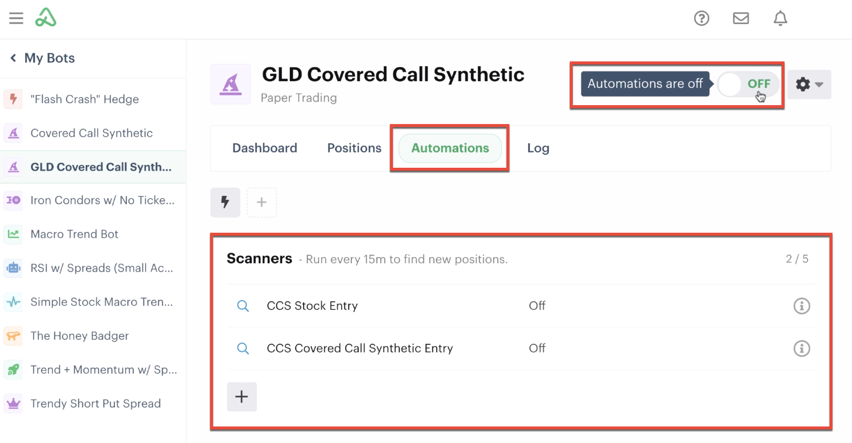 Automations tab and on/off button highlighted