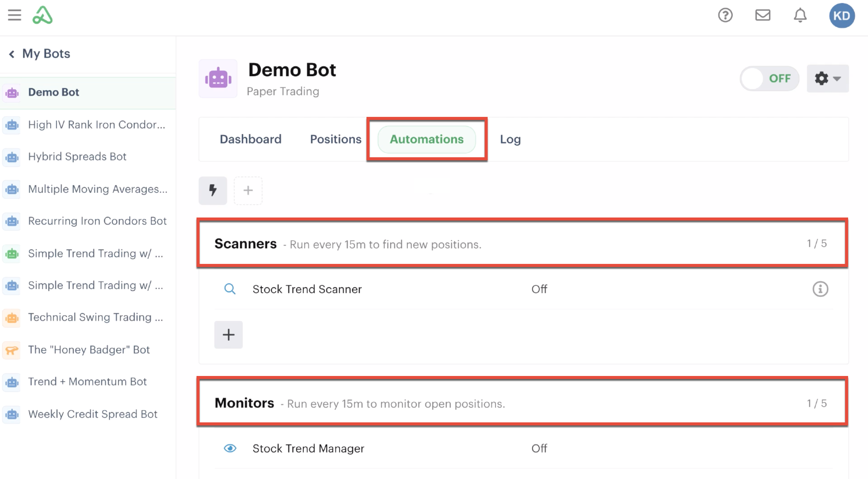 Automations tab highlighting scanners and monitors