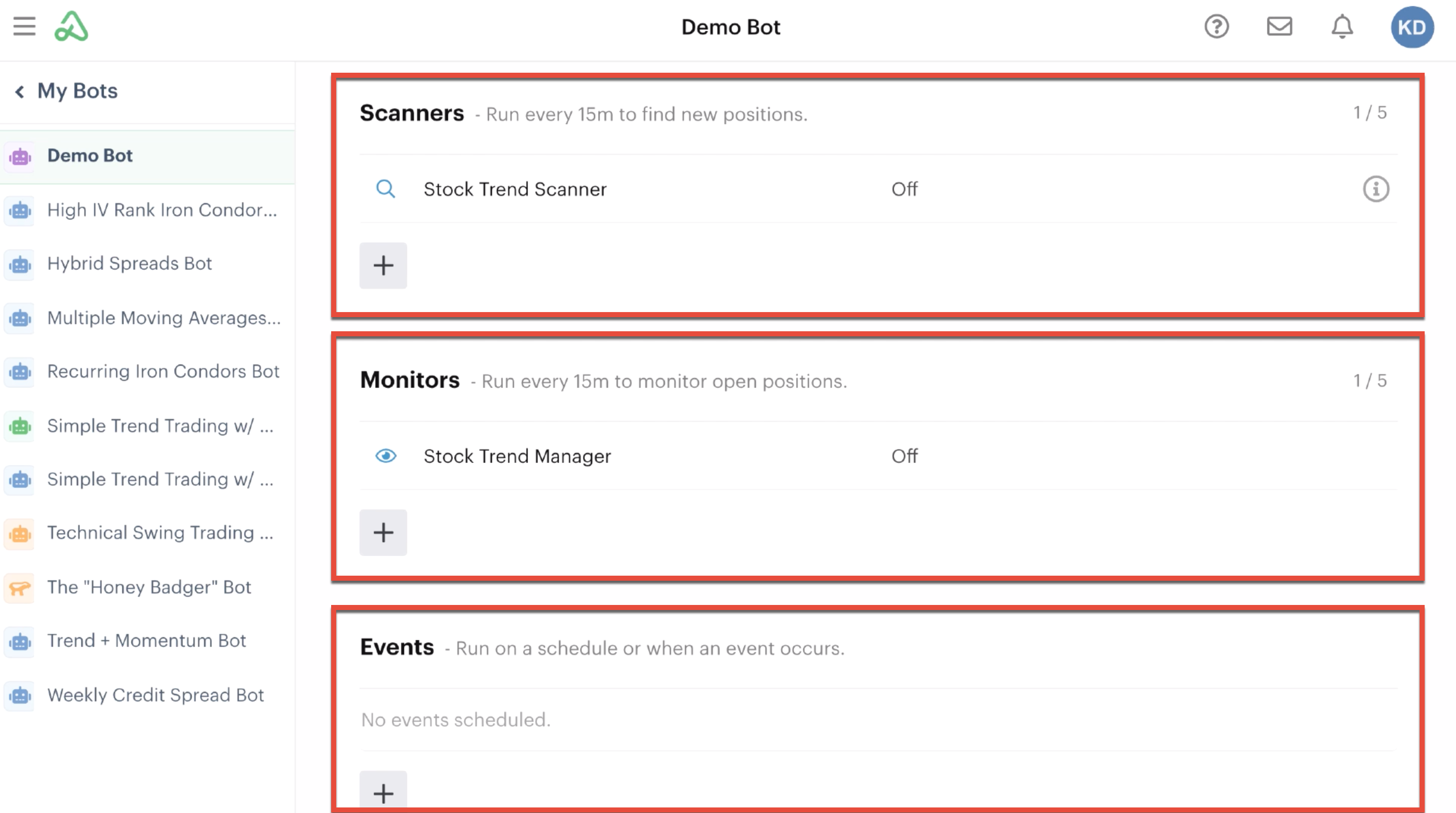 Scanner, monitor, and event automations in the bot dashboard