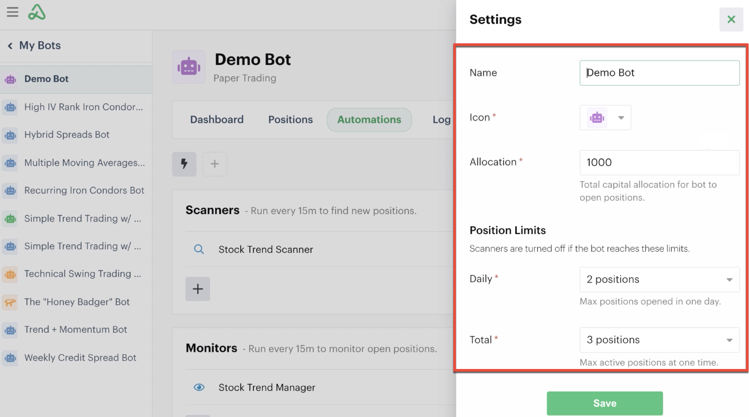 Demo bot global settings with allocation and position limits