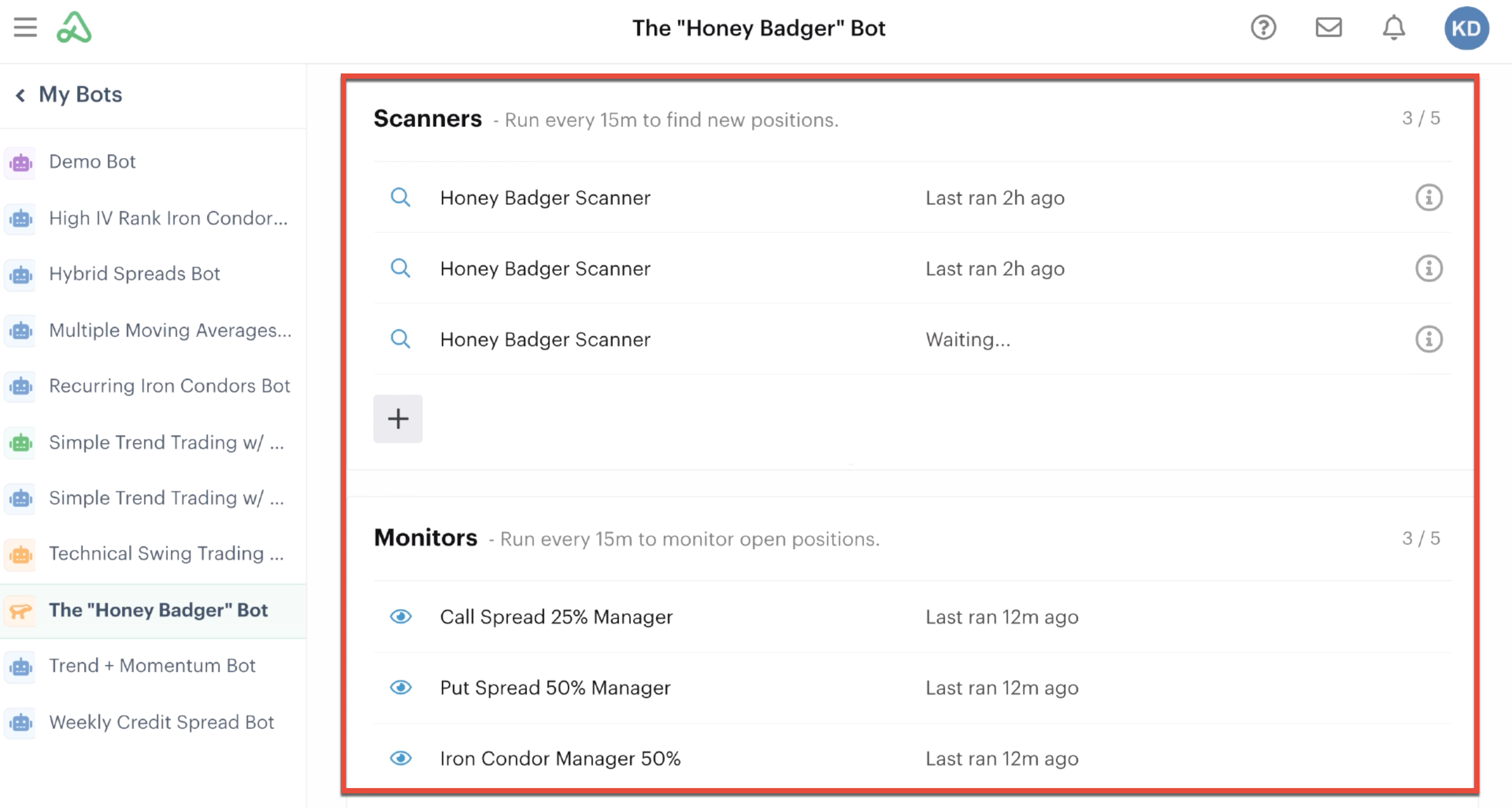 Honey Badger bot example with scanner and monitor automations