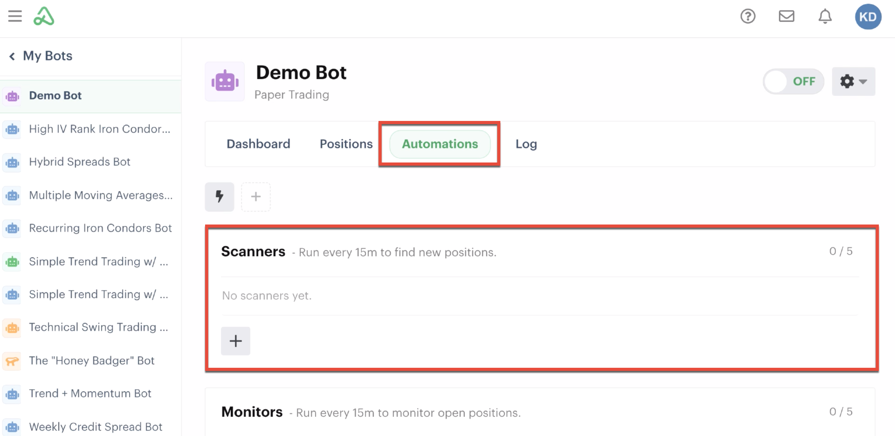 Scanners highlighted in the automations tab