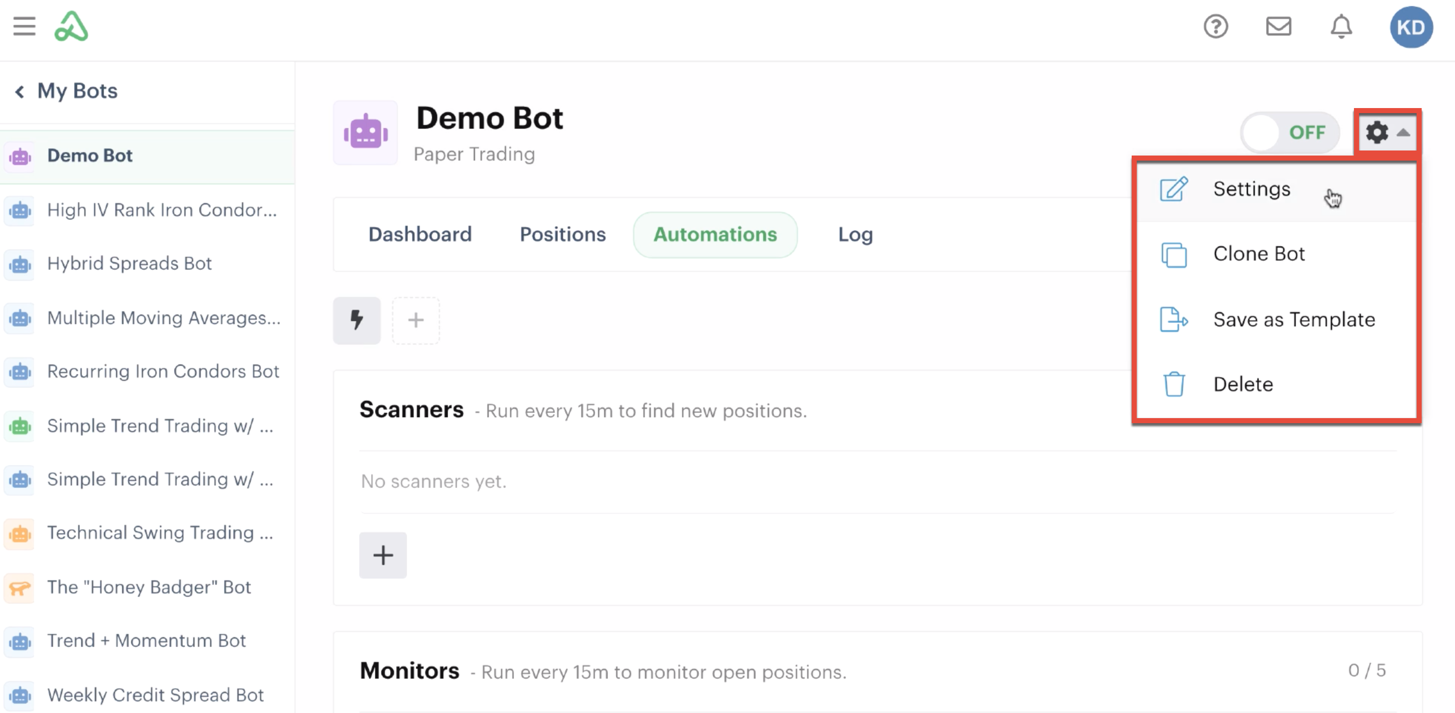 Global settings highlighted on bot homepage