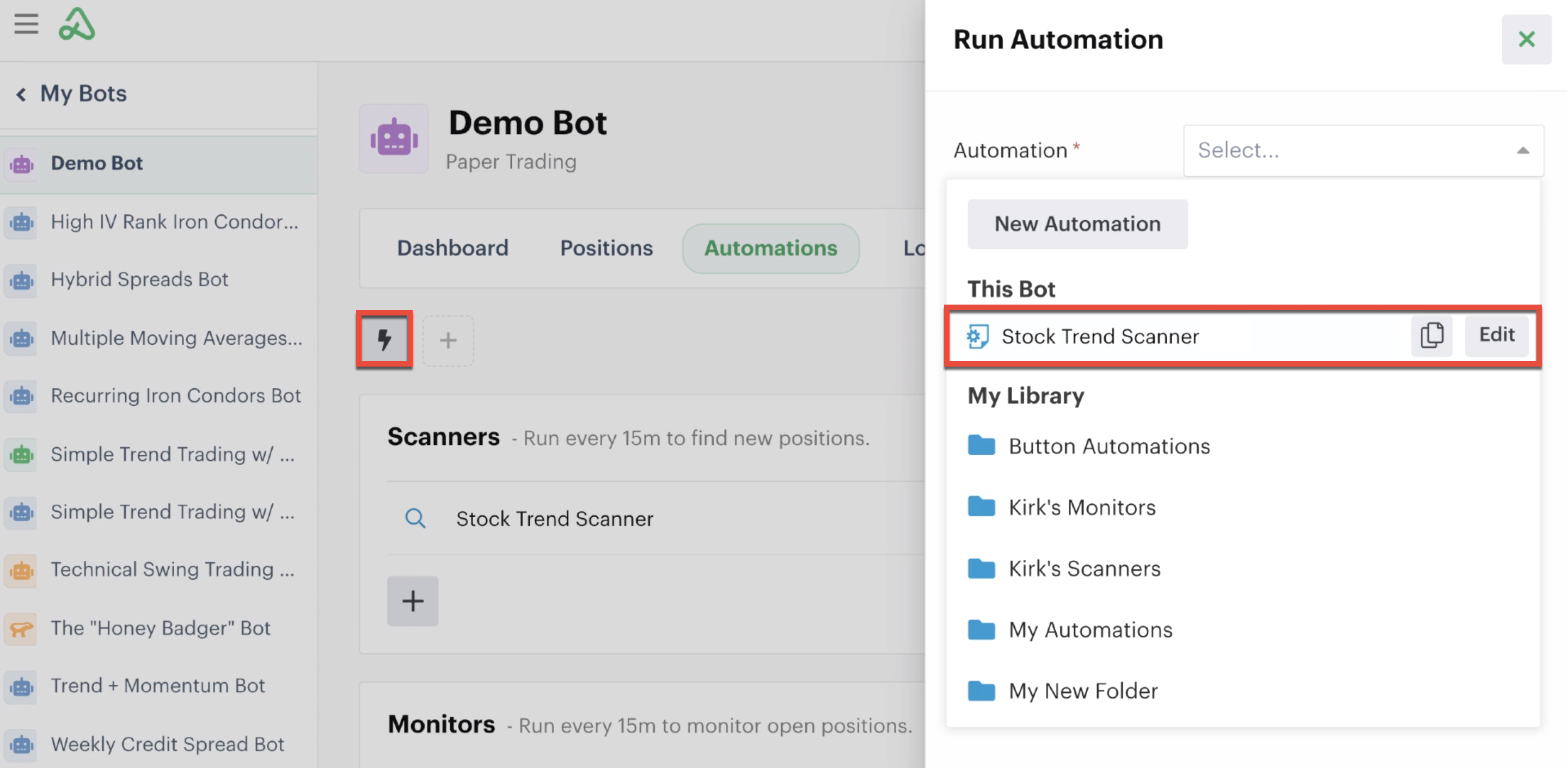Lightning bolt icon highlighted to run automation instantly