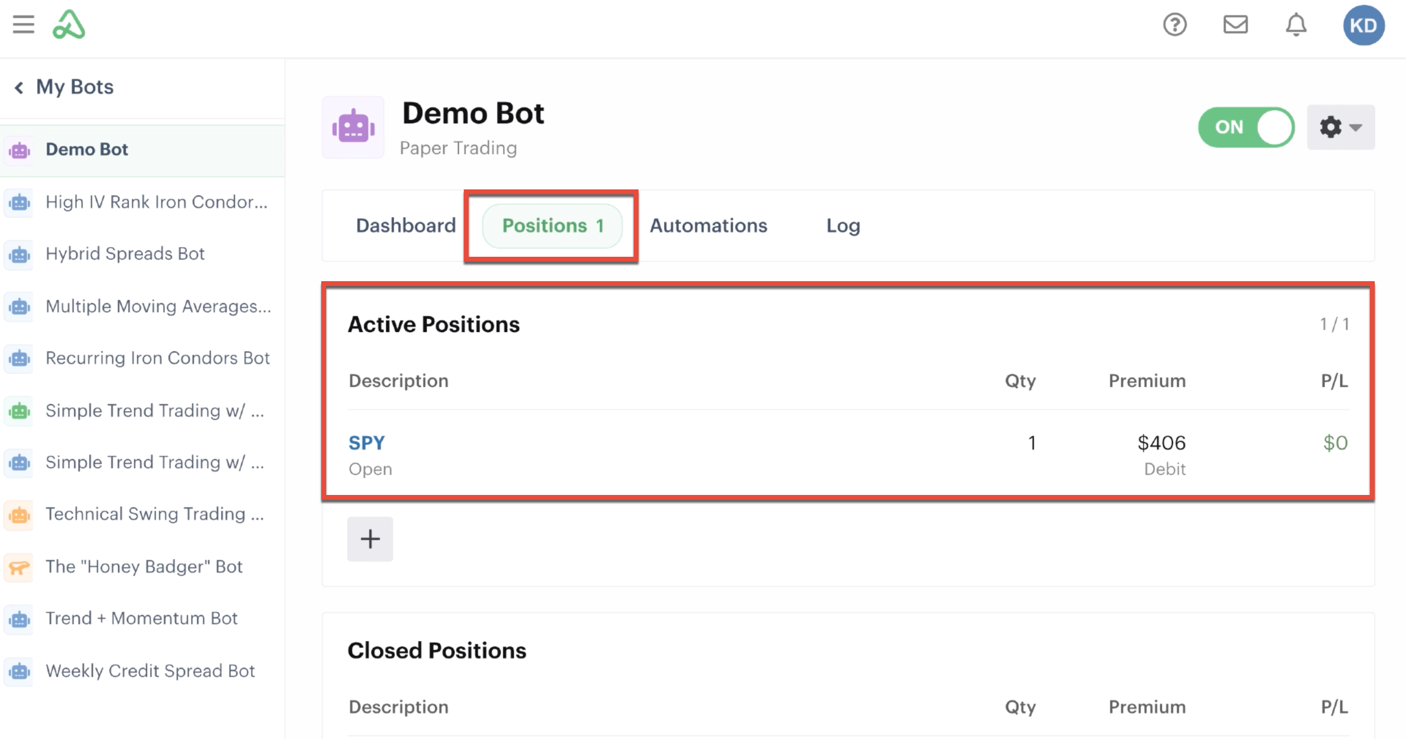 Positions tab highlighted displaying one new position