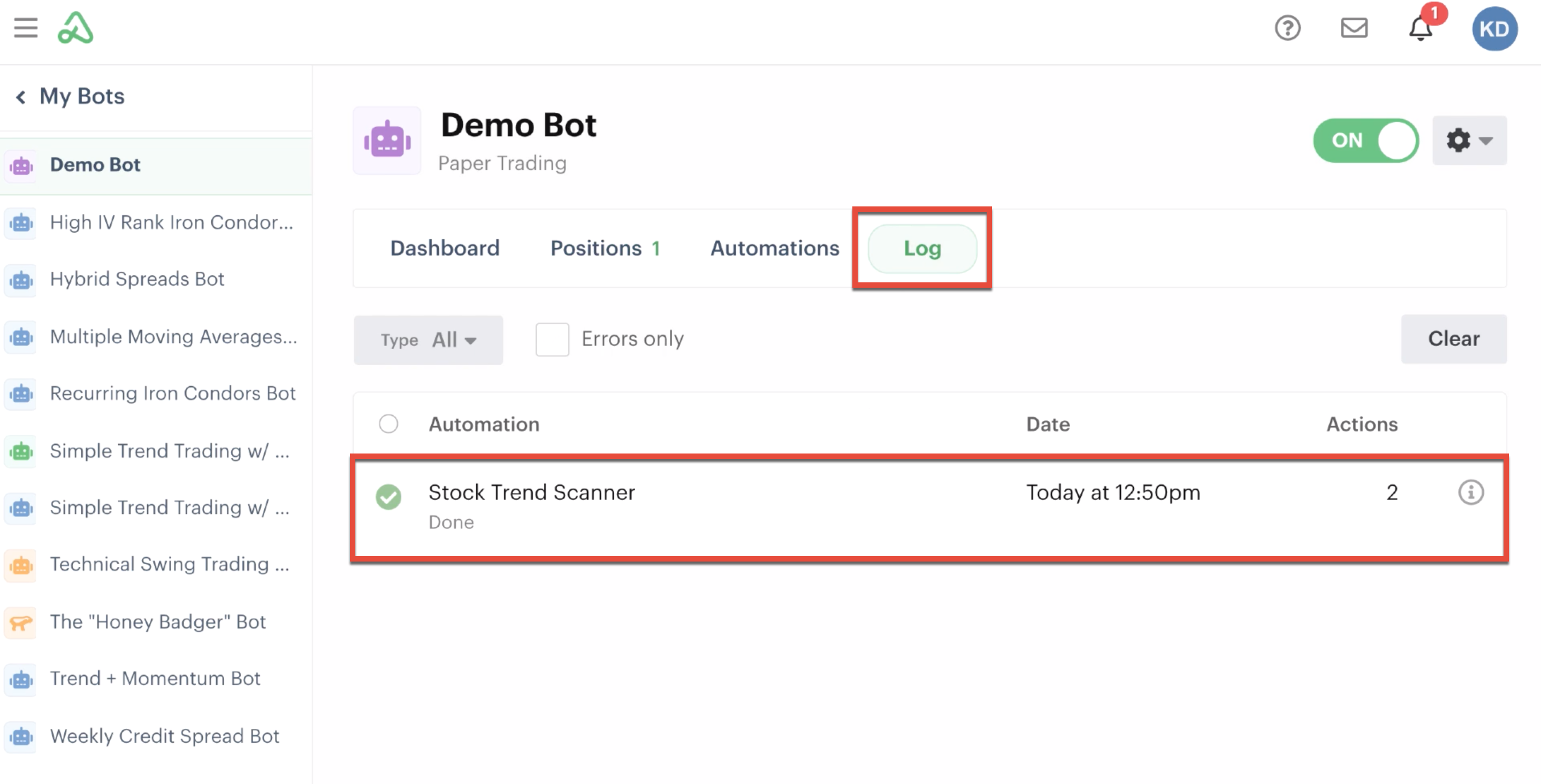 Bot log highlighted displaying successful scanner automation