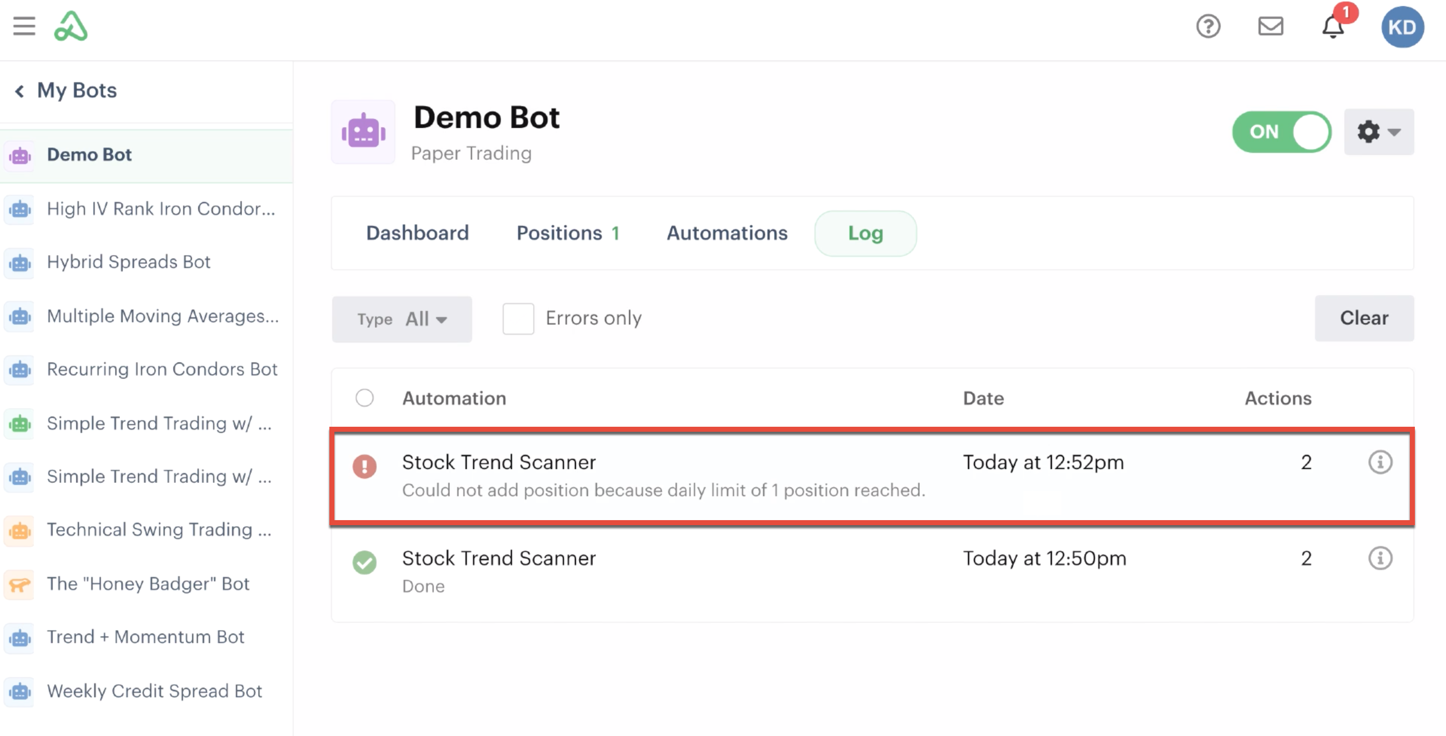 Automation error inside the bot log