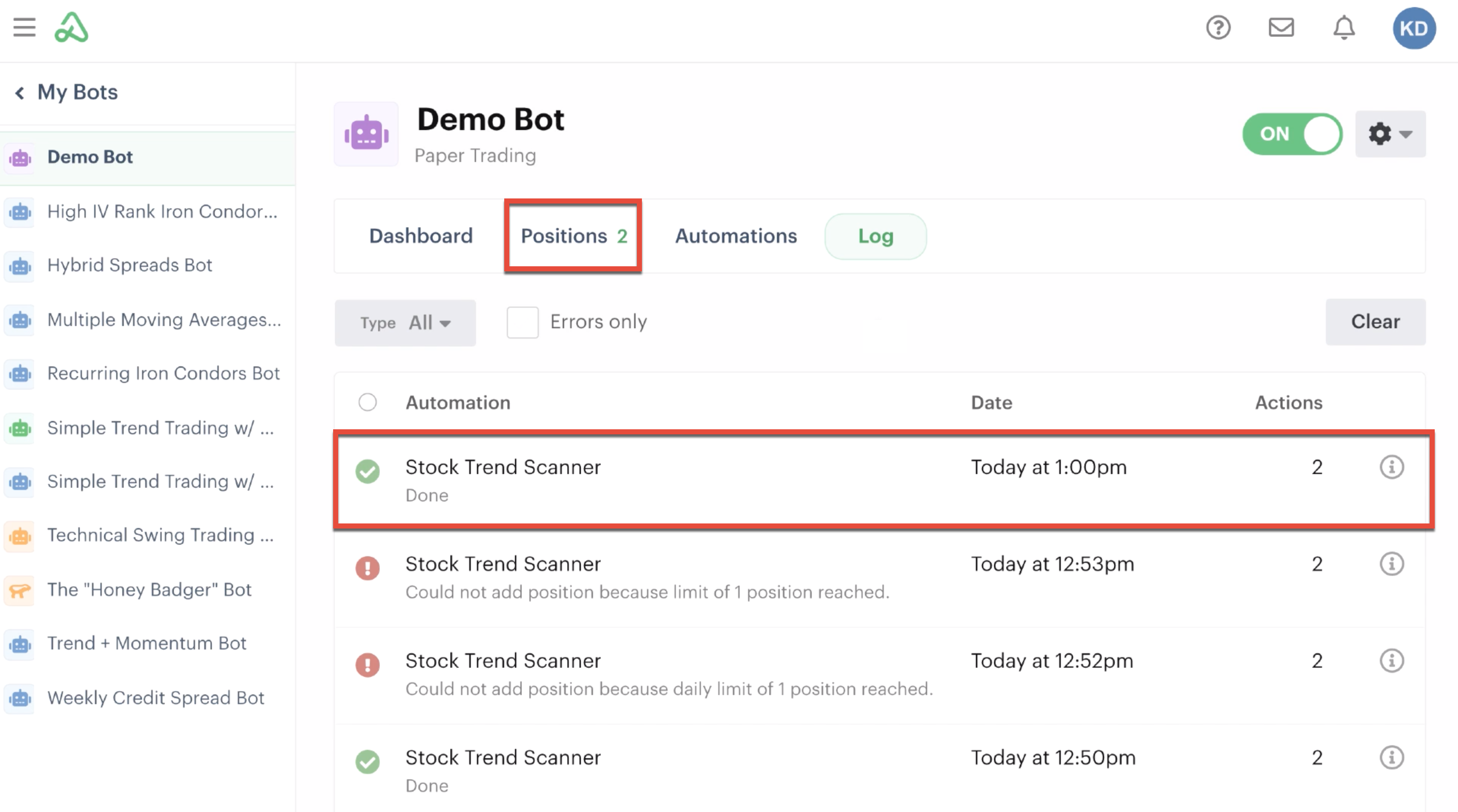 Successful automation with new position higlhighted in positions tab