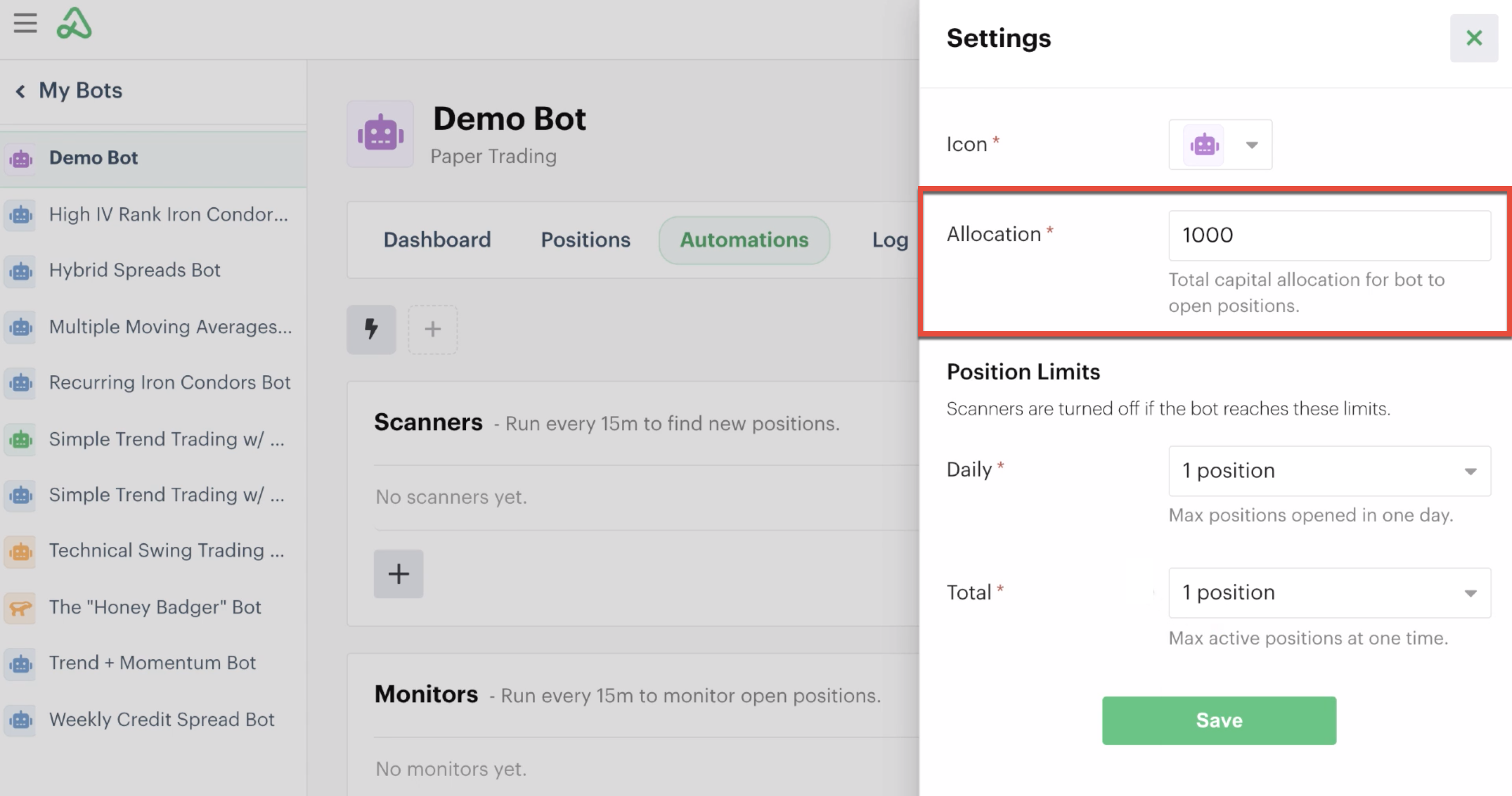 Allocation limit highlighted in bot settings