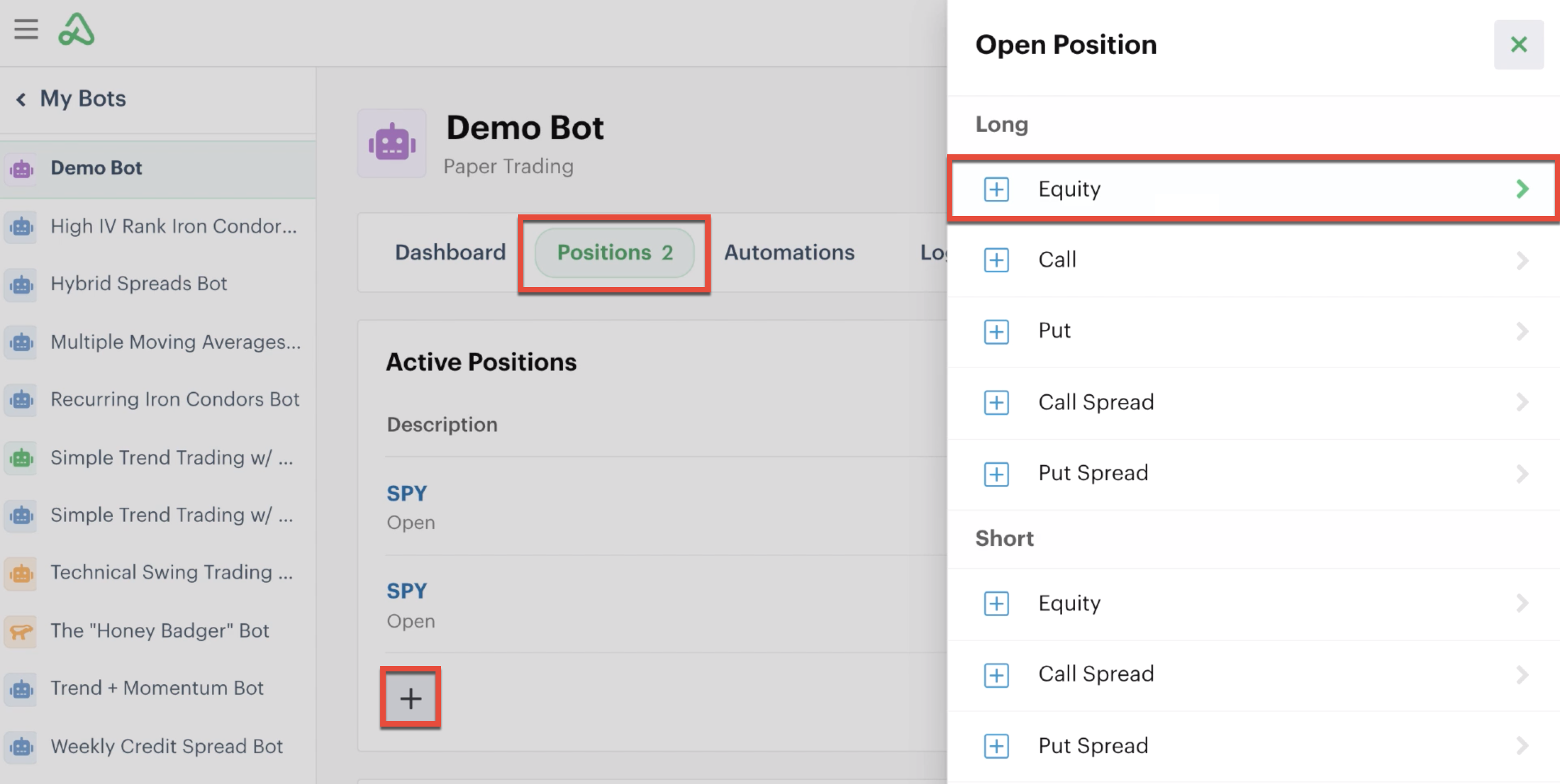Open a new position in the positions tab