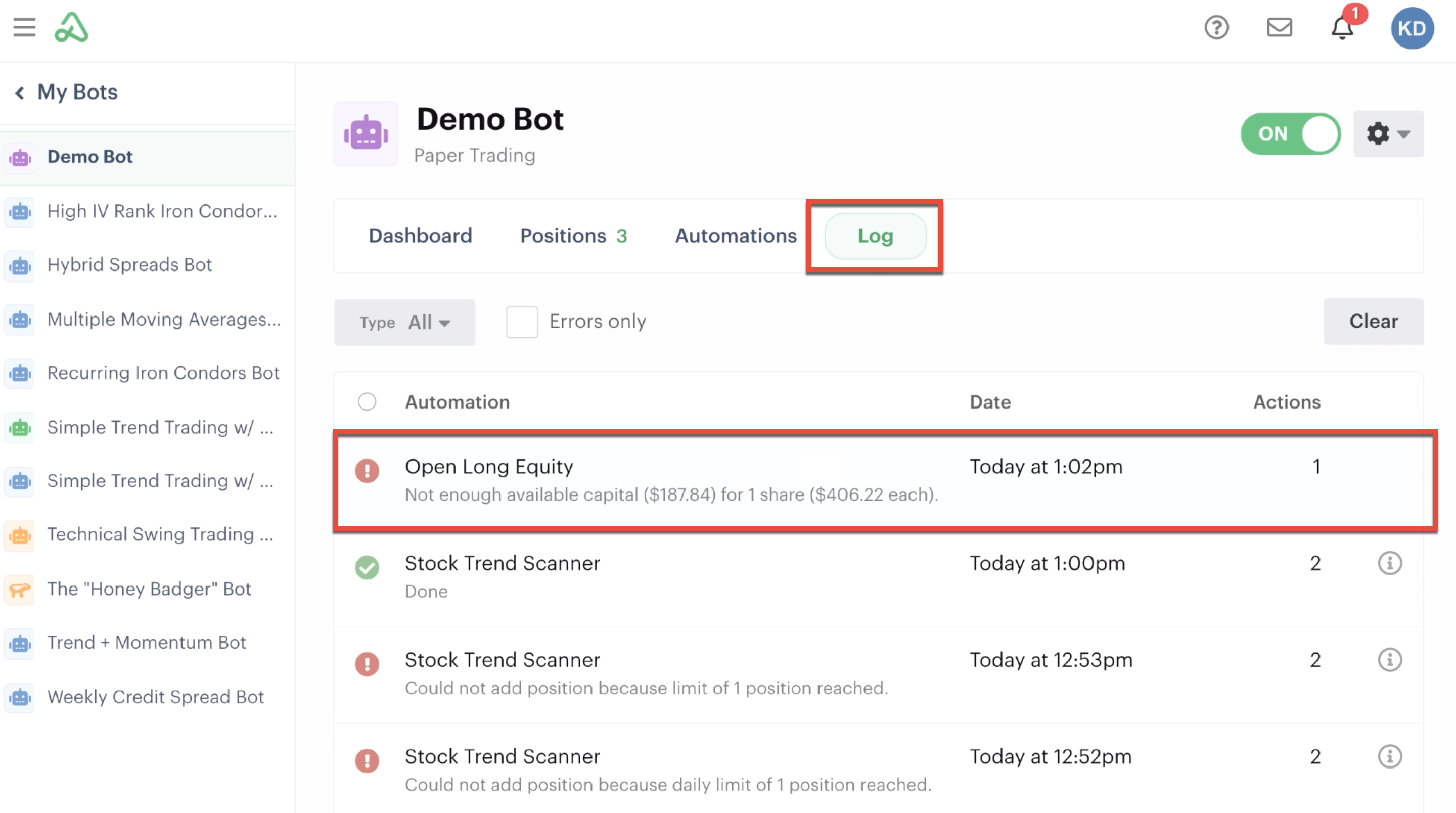 Error message highlighted in bot log for not enough capital