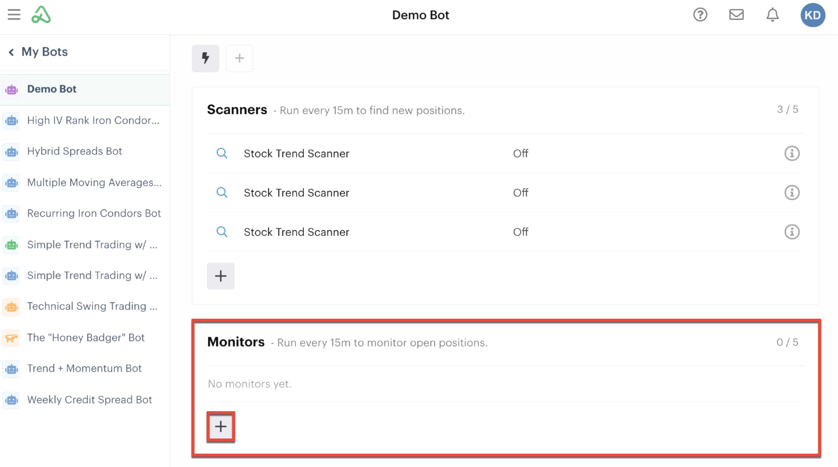 Bot monitors highlighted in the automations tab