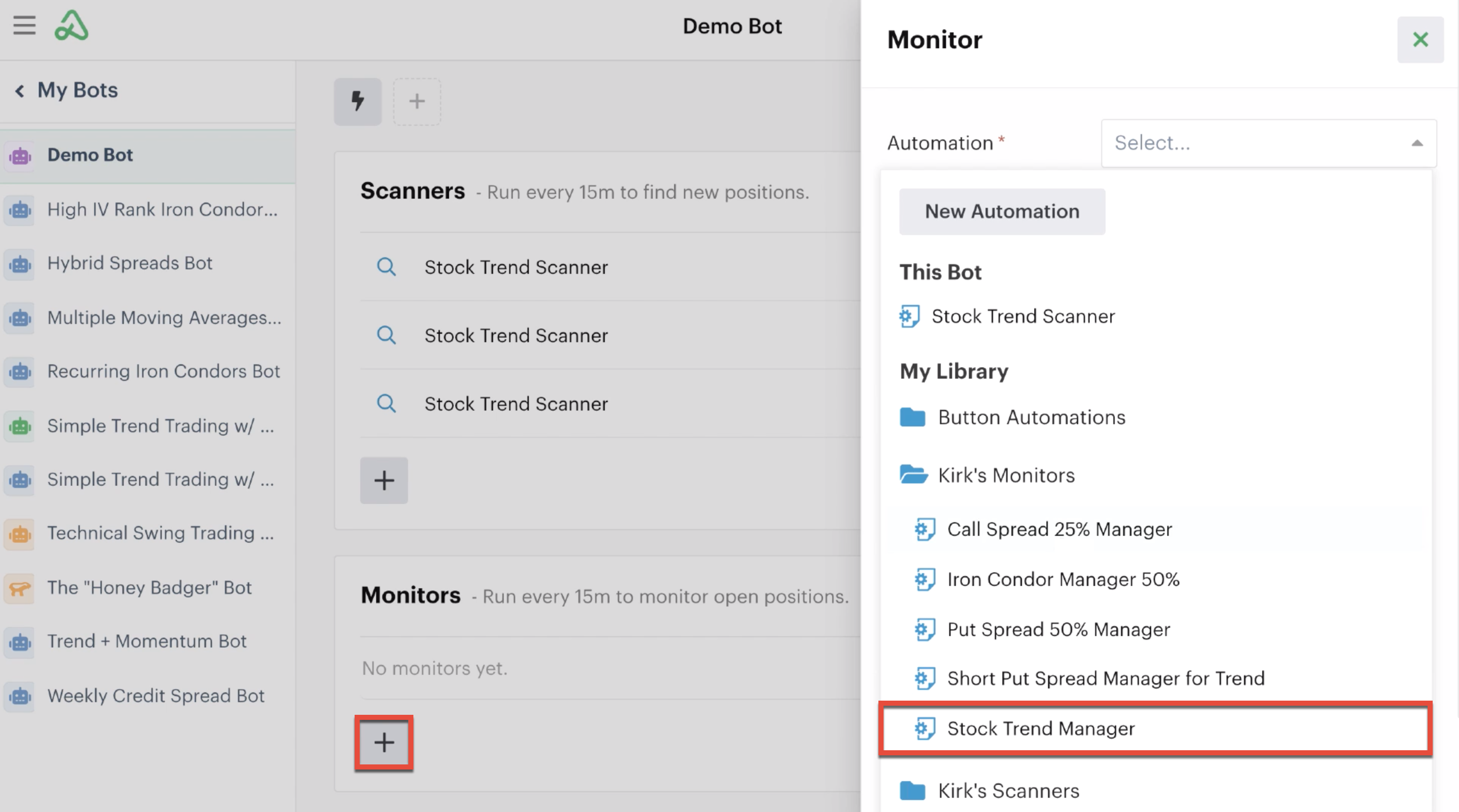 Adding a monitor automation from the automation library