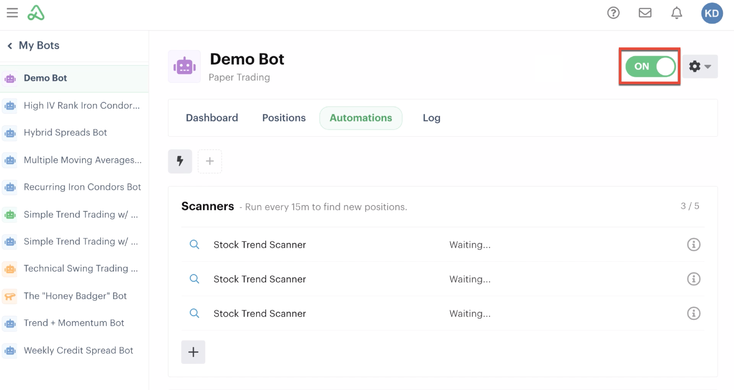 On / off switch highlighted in the bot homepage