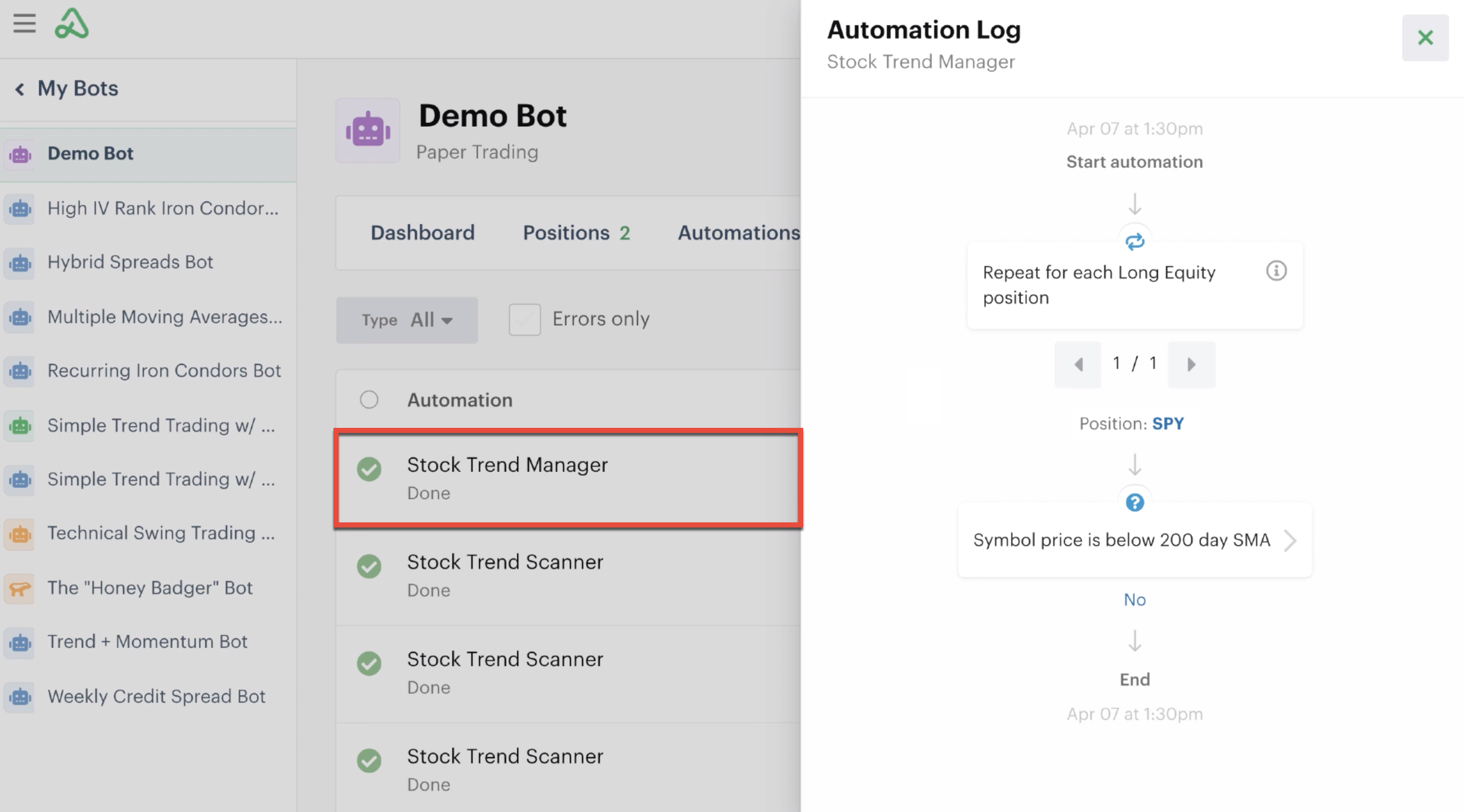 Monitor automation action details in the bot log