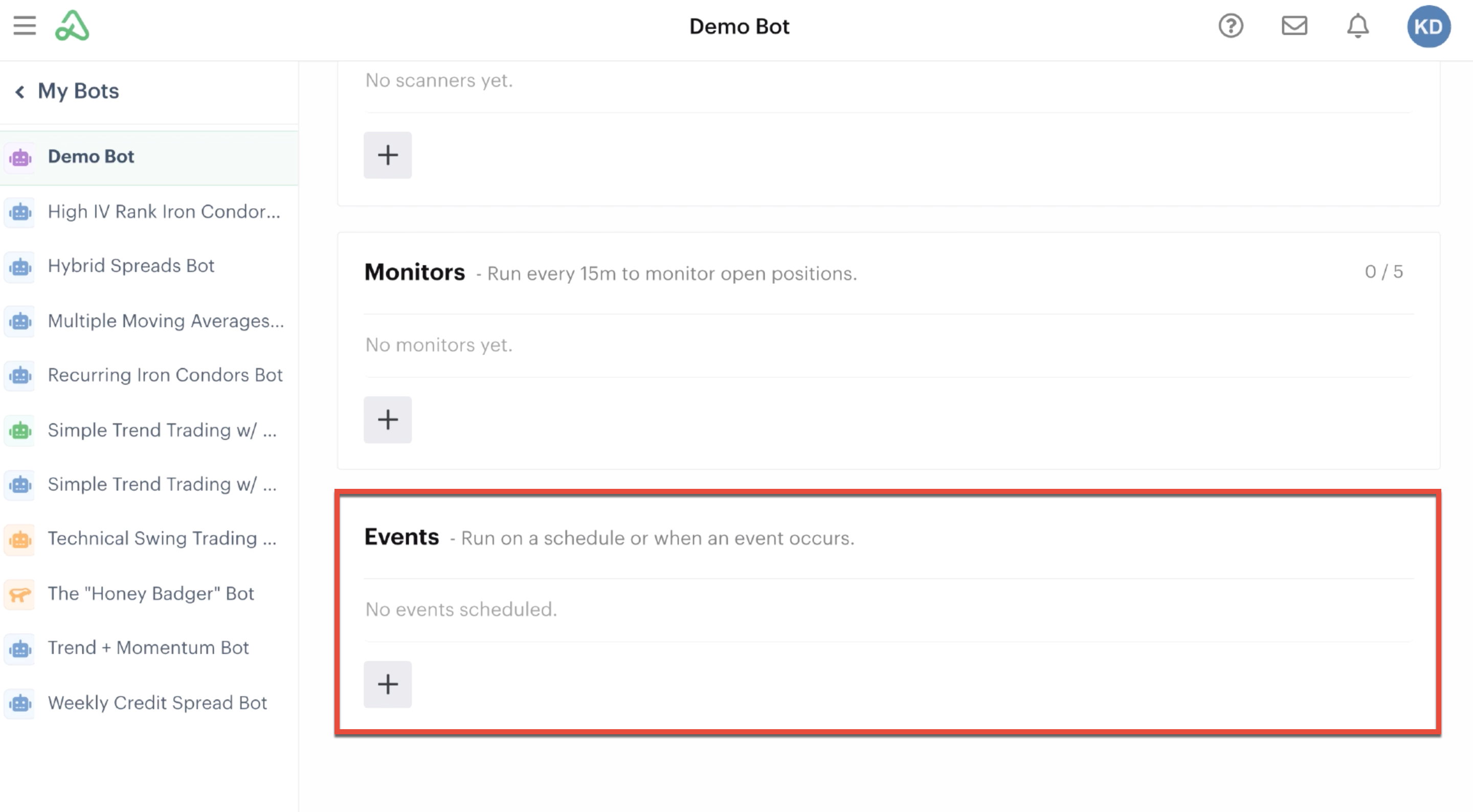 Bot evens highlighted in the automations tab