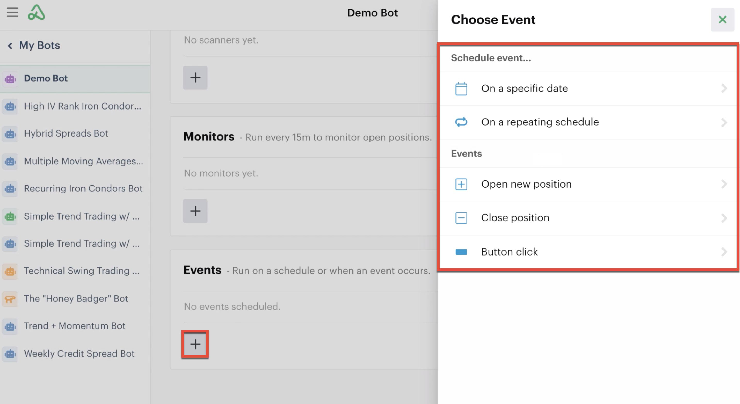 Bot event types when adding an automation