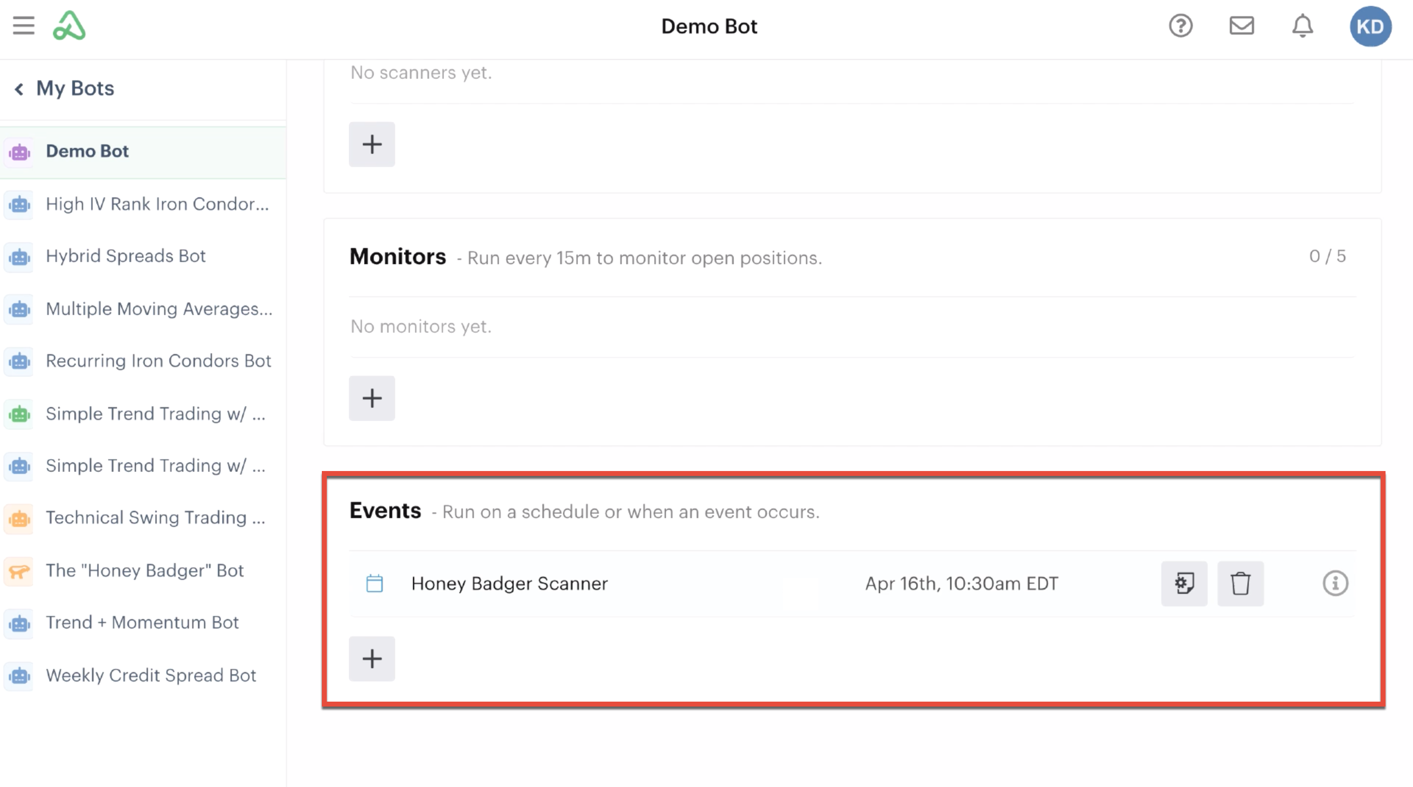New bot event automation in the events section