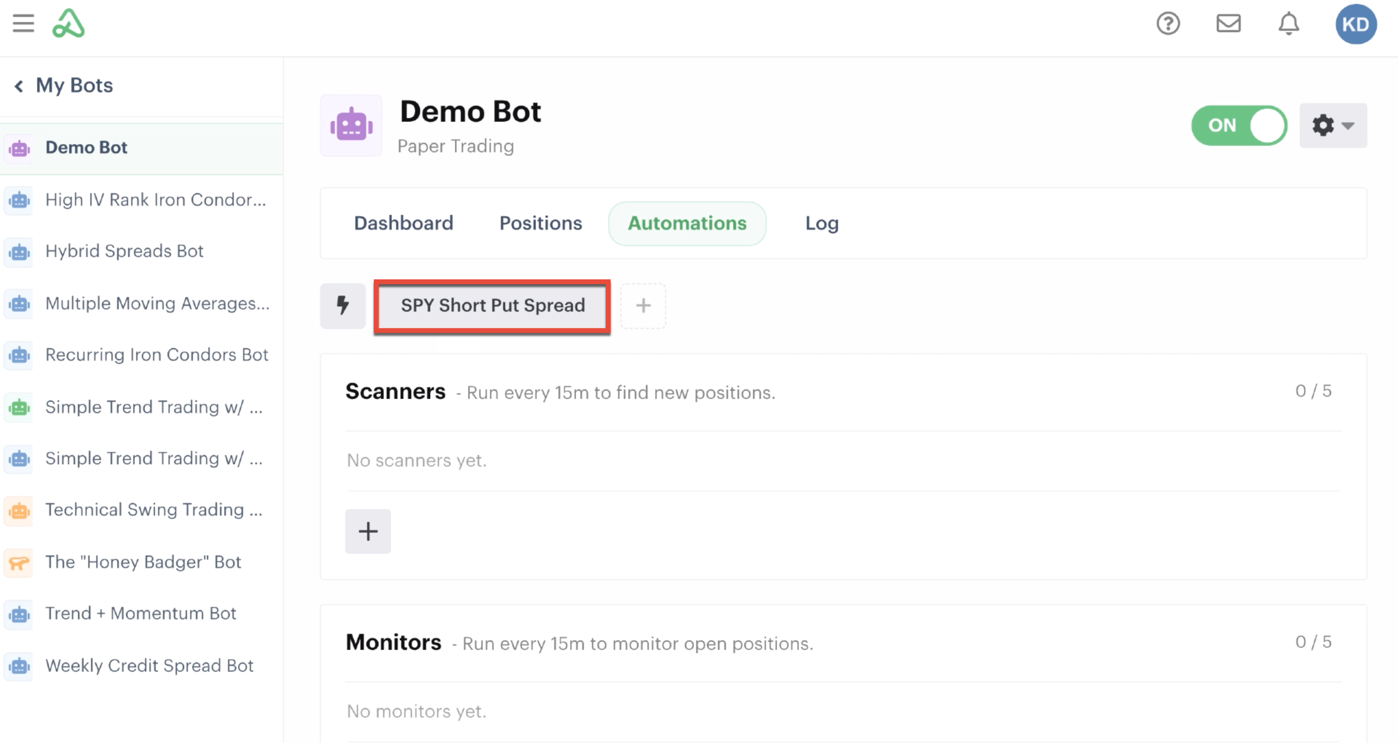 Button added to the automations tab