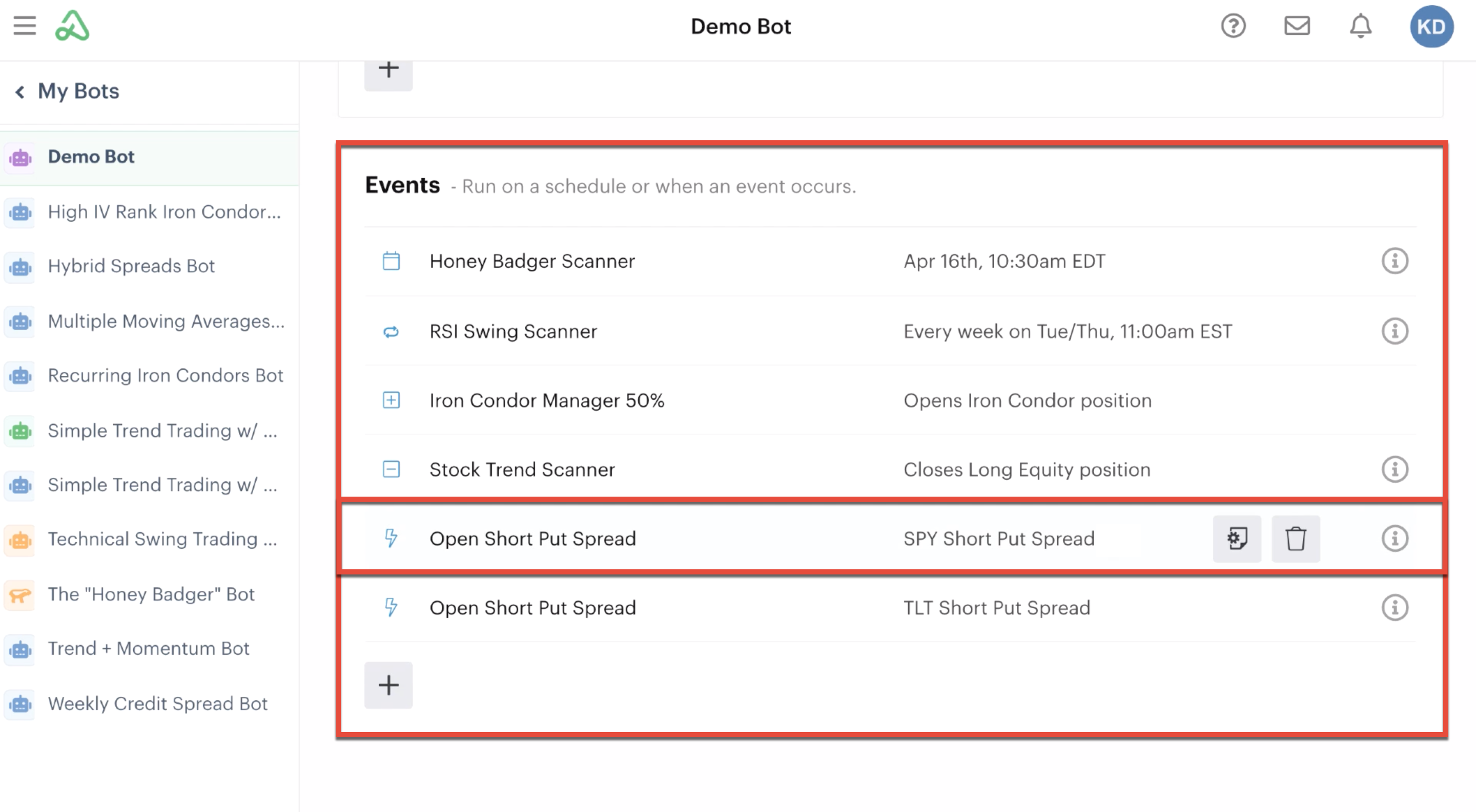 Selecting a bot event automation