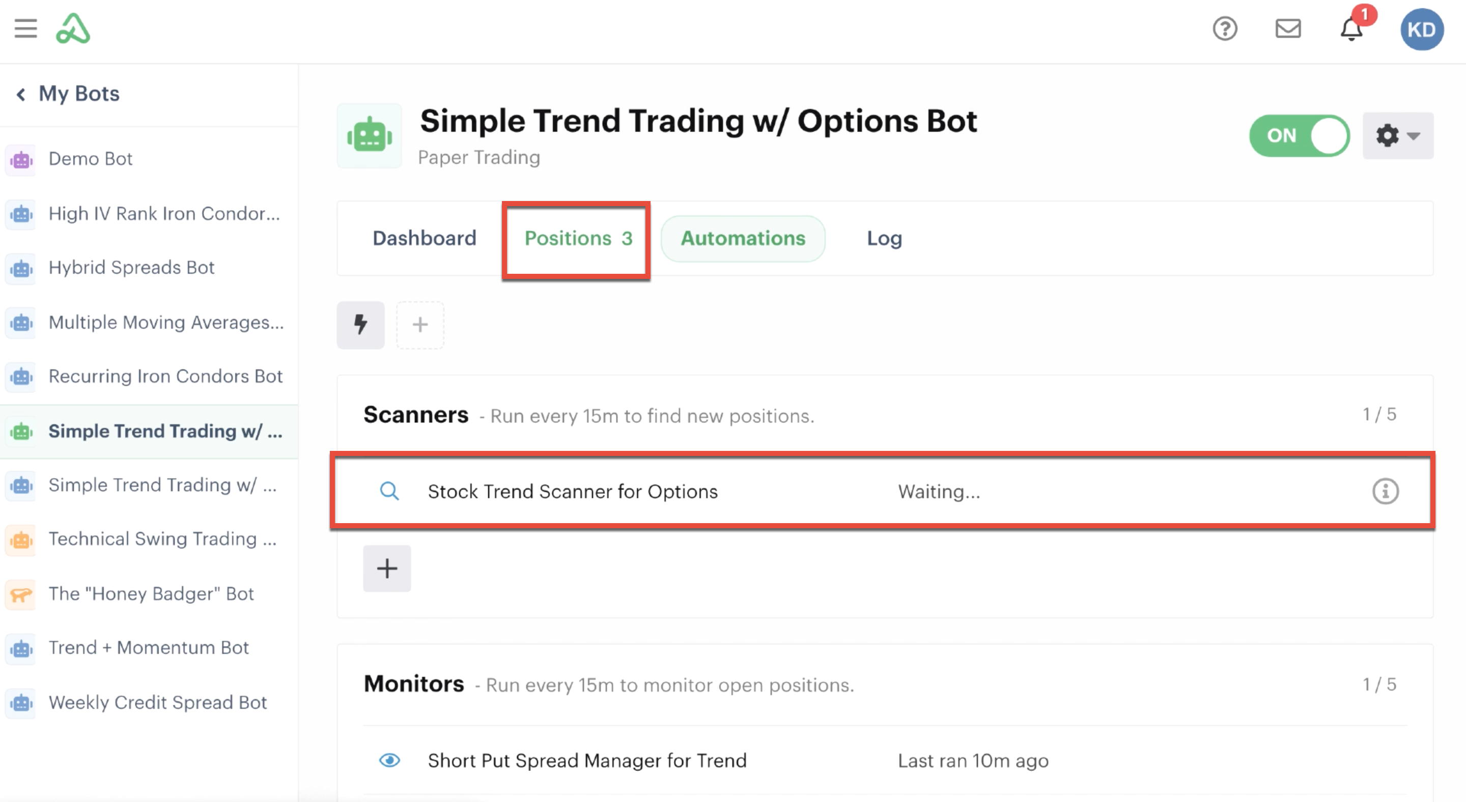 Positions tab highlighted, scanner waiting