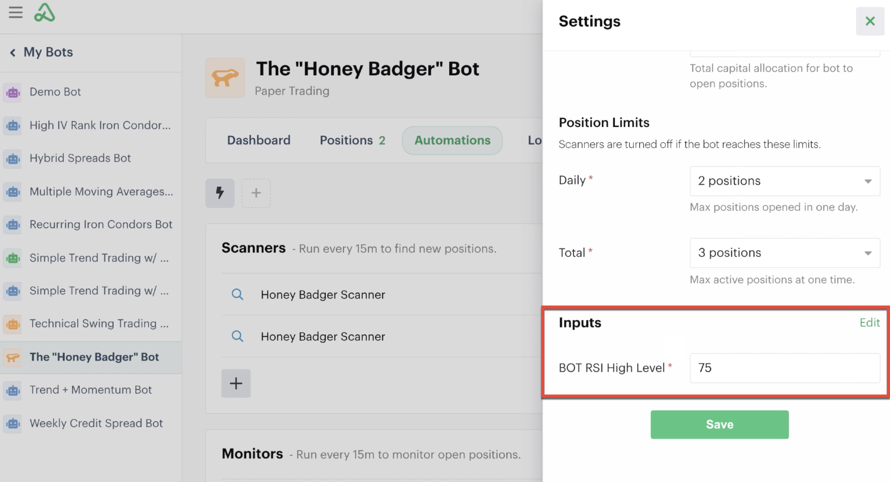 Bot-level inputs on the bot's settings page