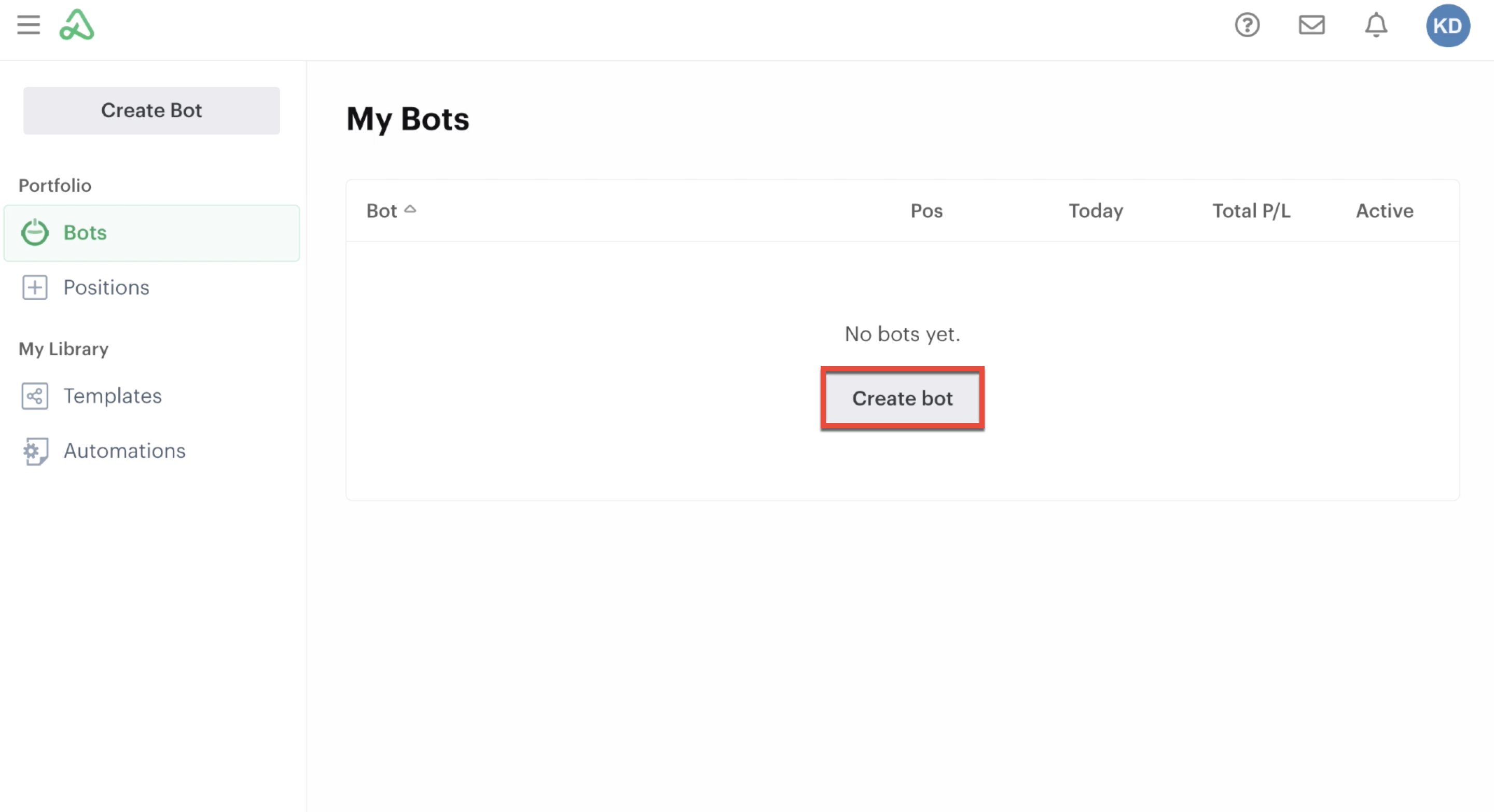 Create bot button in the bots homepage