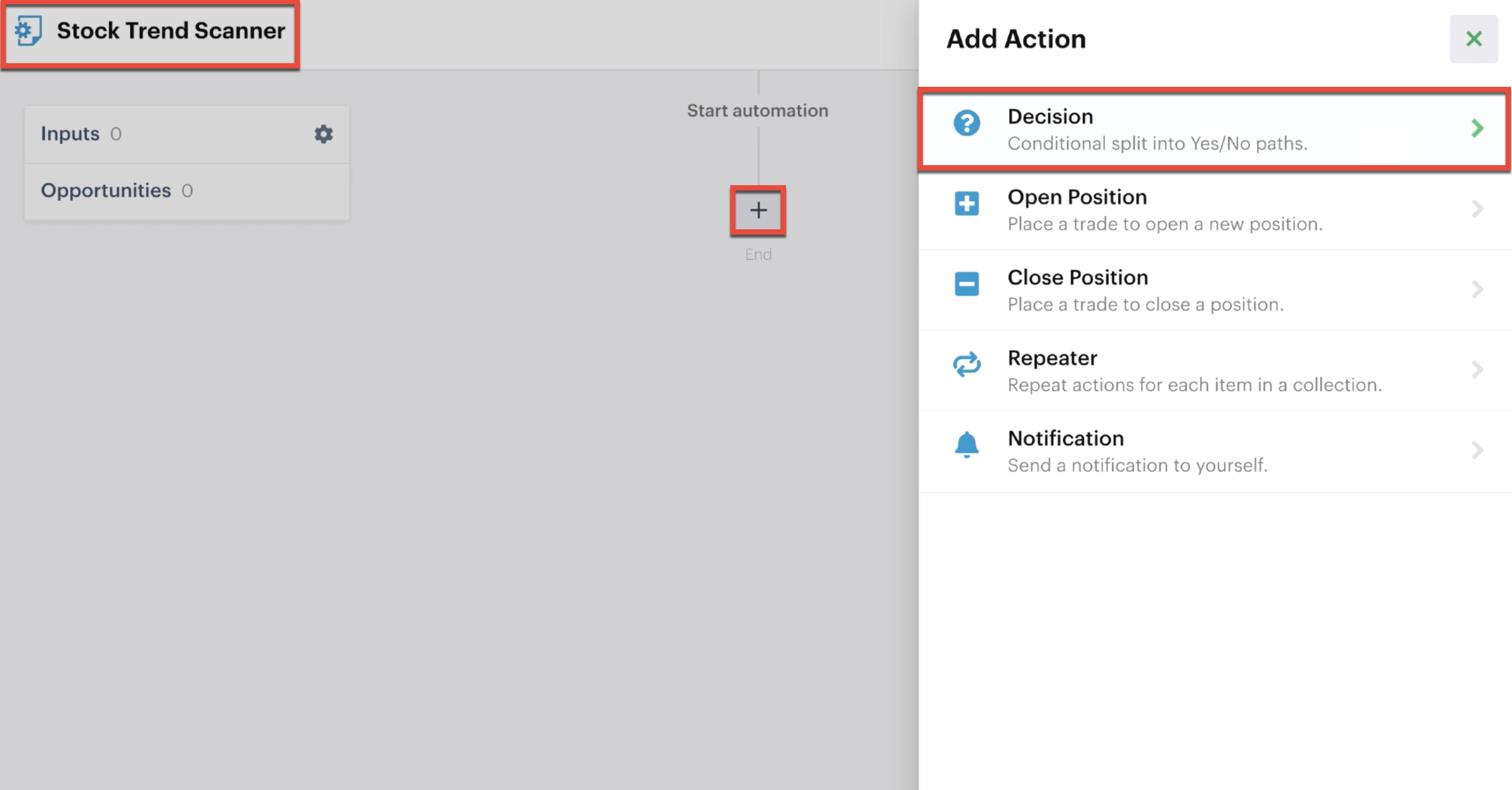 Adding a decision action to the automation editor
