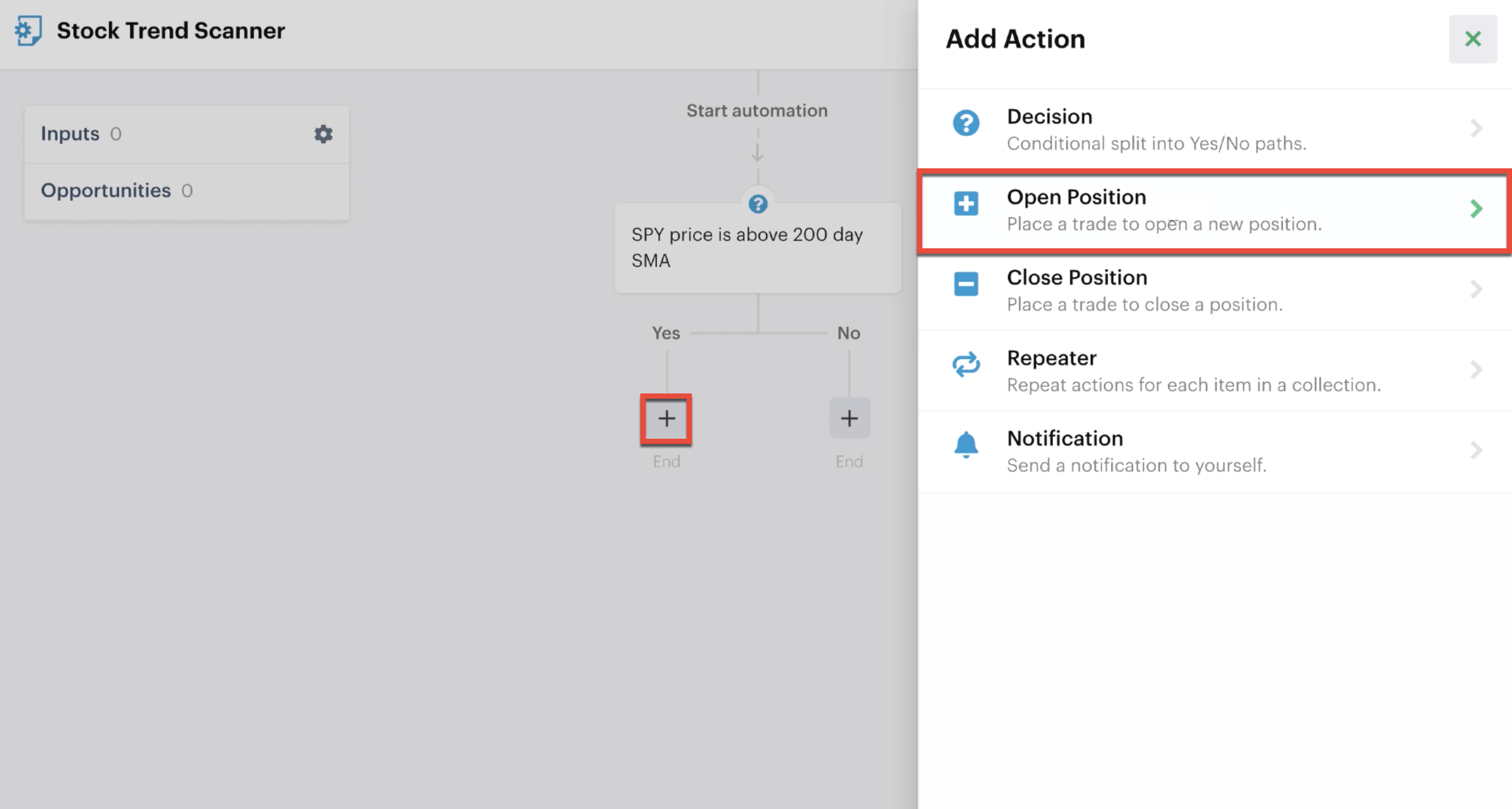 Adding an open position action to the yes path