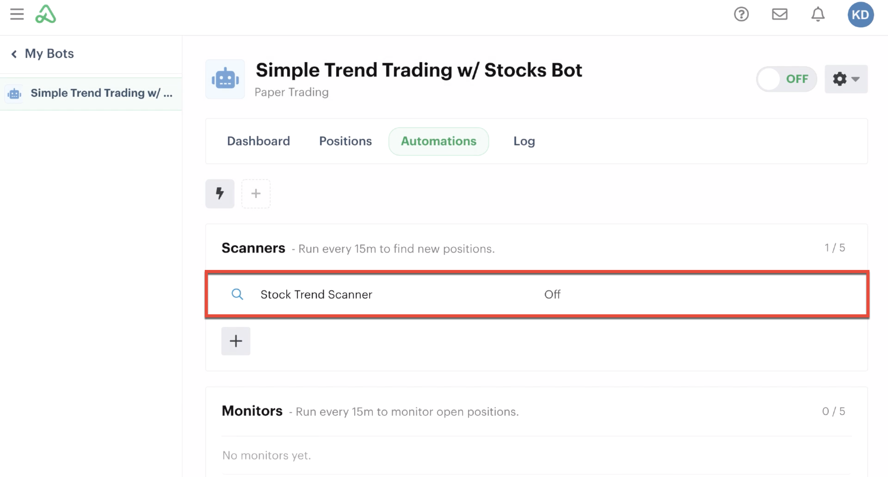 Scanner automation added to the bot highlighted in the automations tb