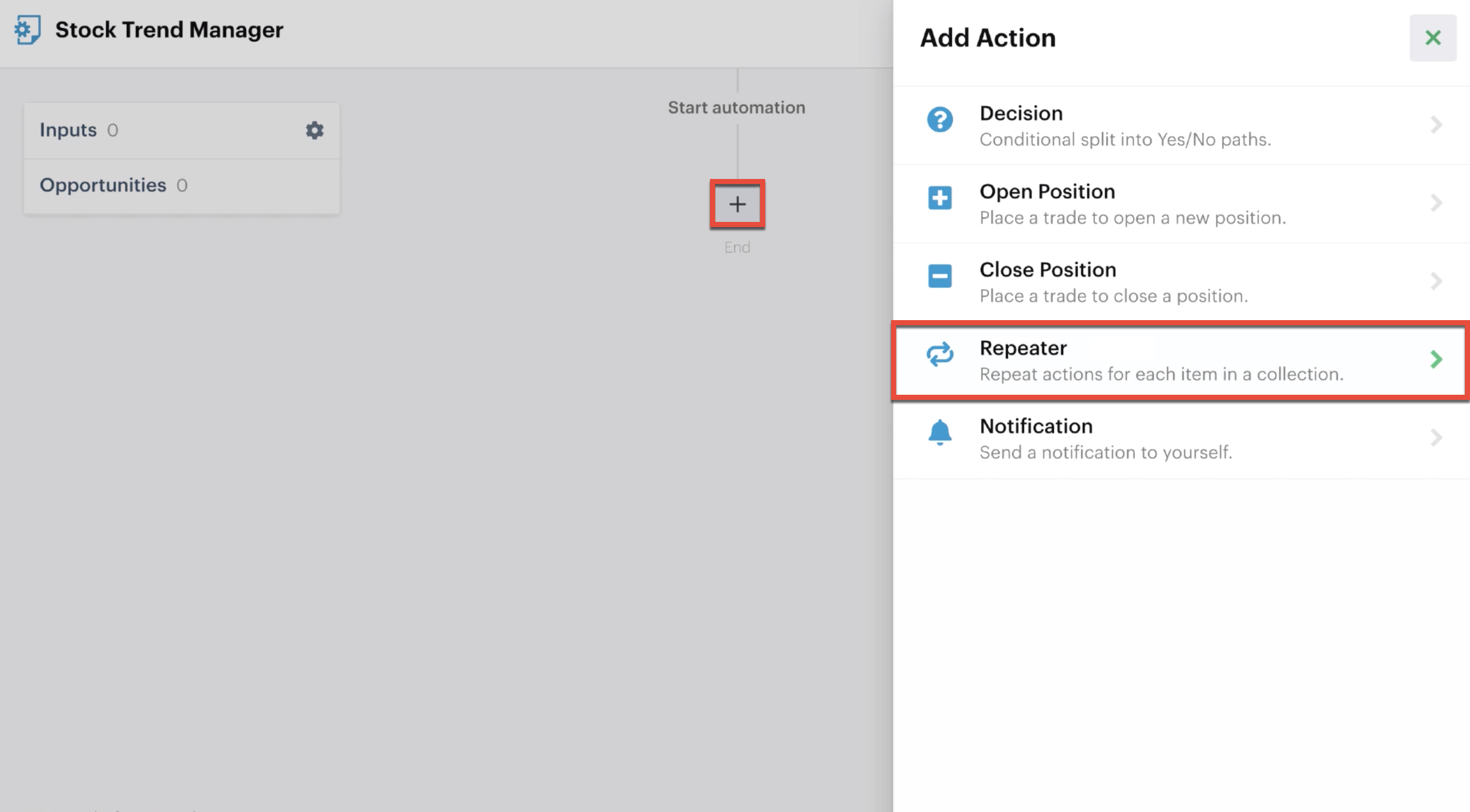 Adding a repeater action to a monitor automation