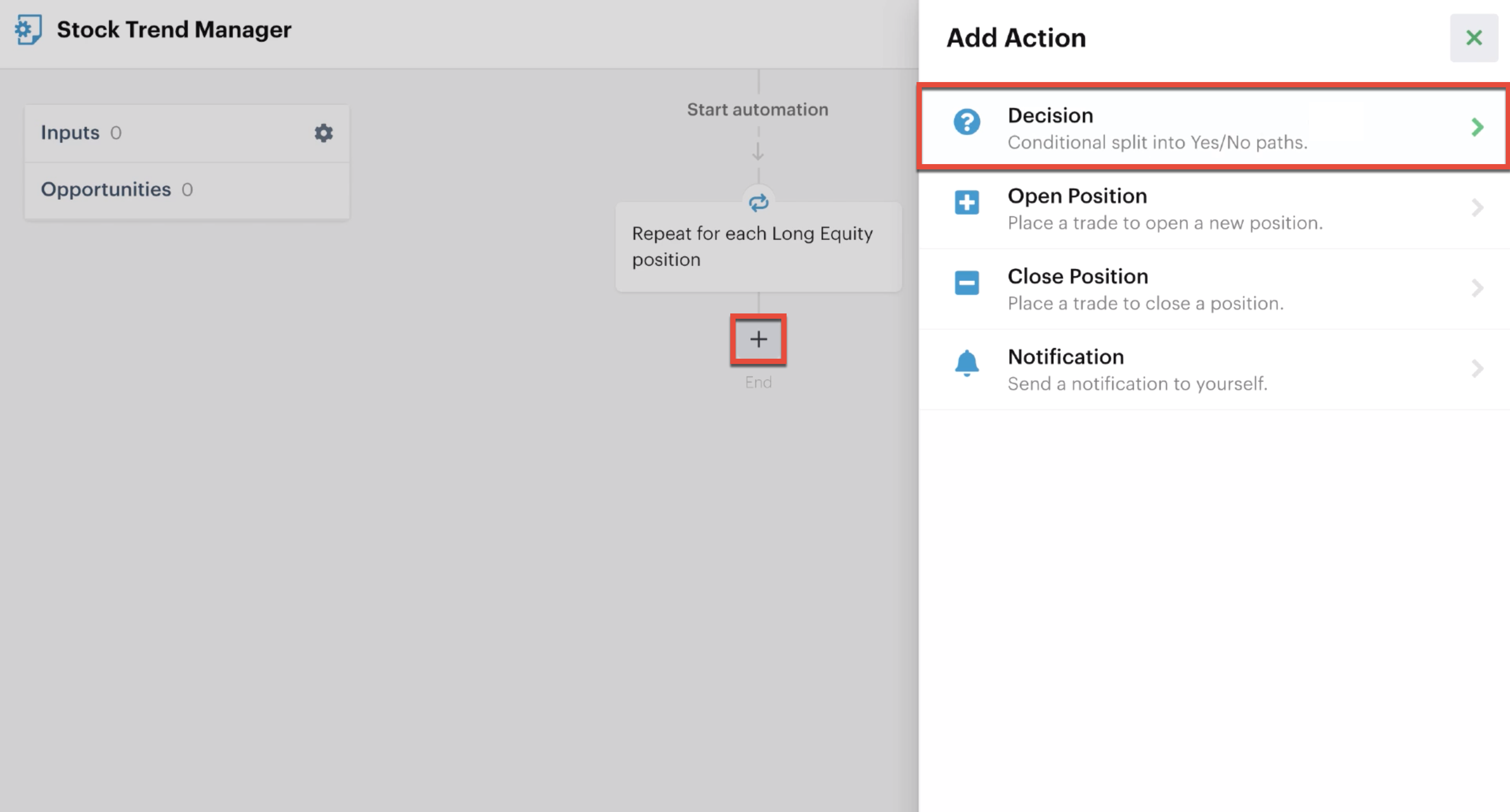 Adding a decision action to an automation