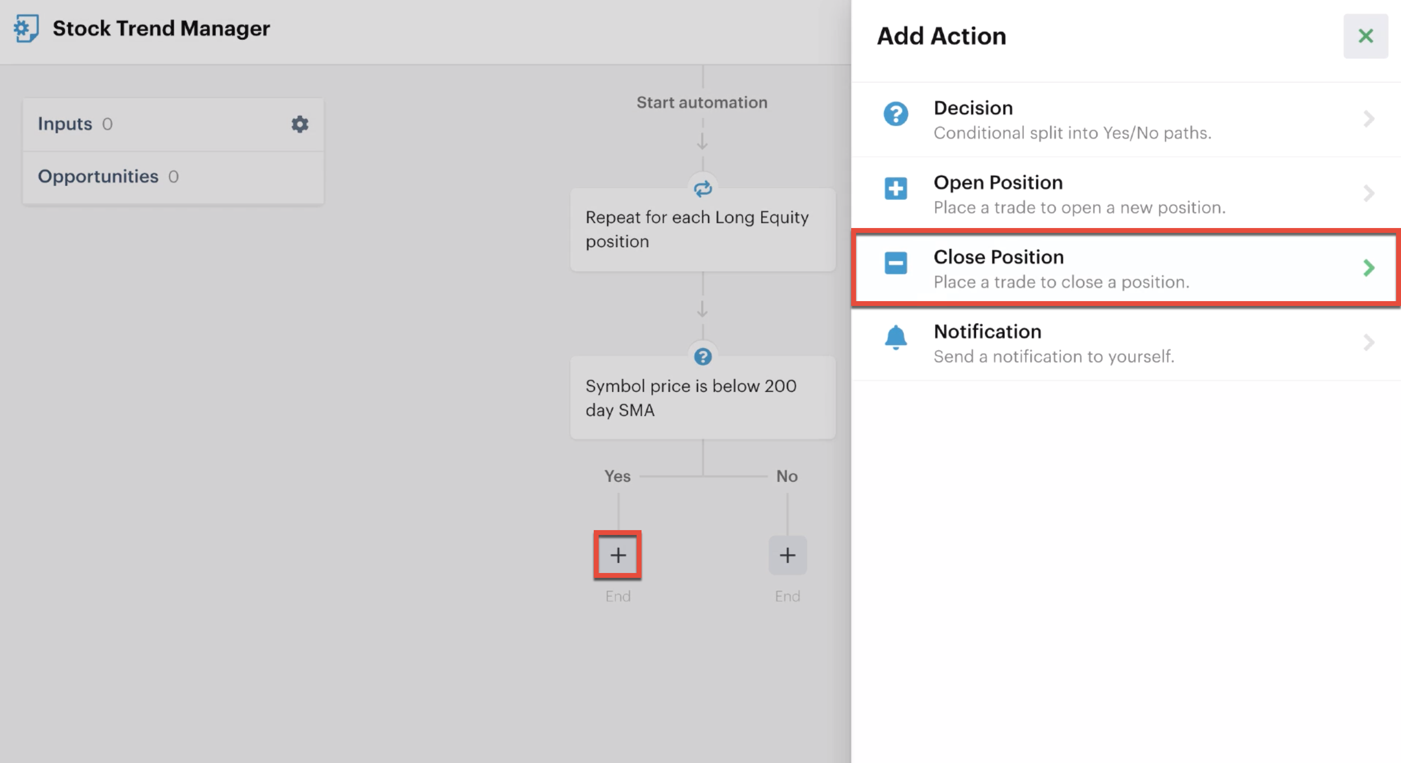 Adding a close position action