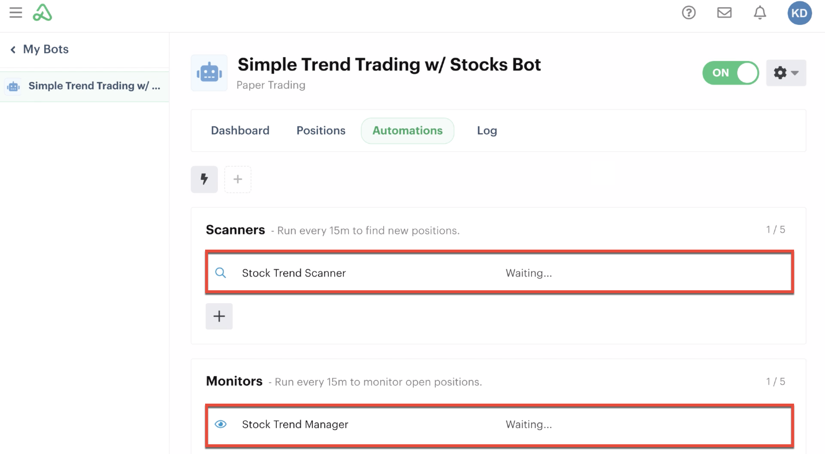 Automations tab displaying scanner and monitor autoamtions