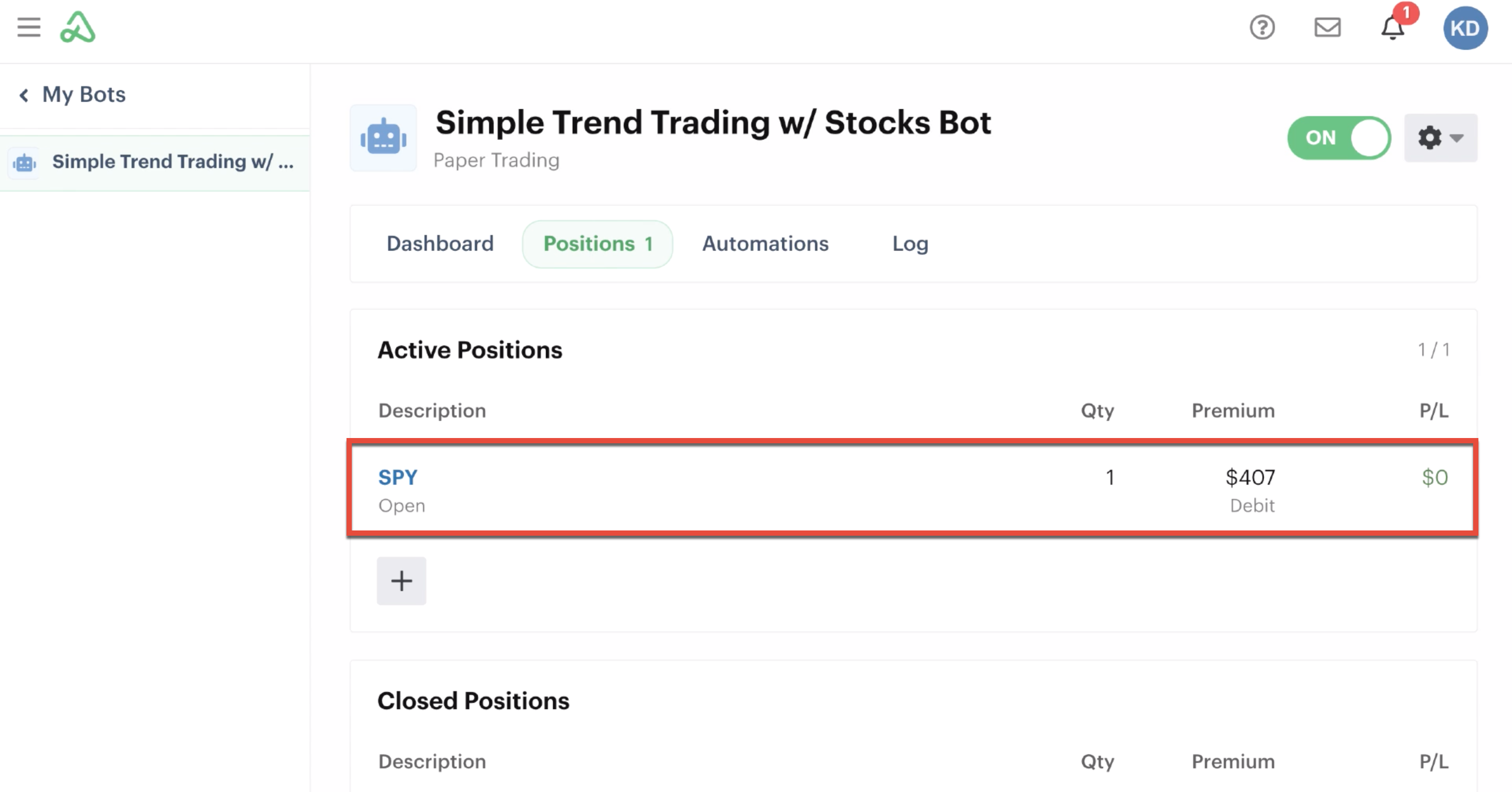 Positions tab highlighting new open position