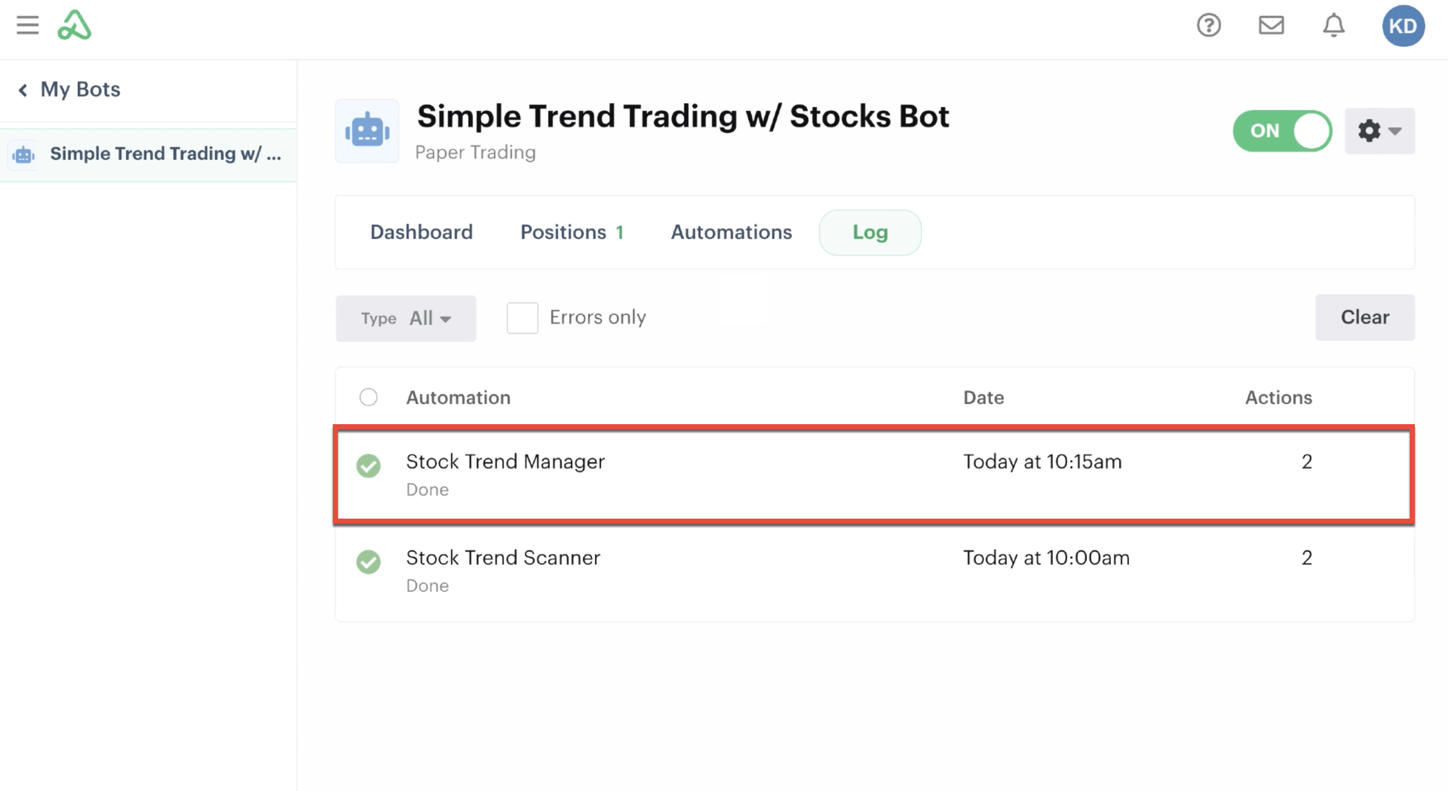 Bot log highlighting monitor automation