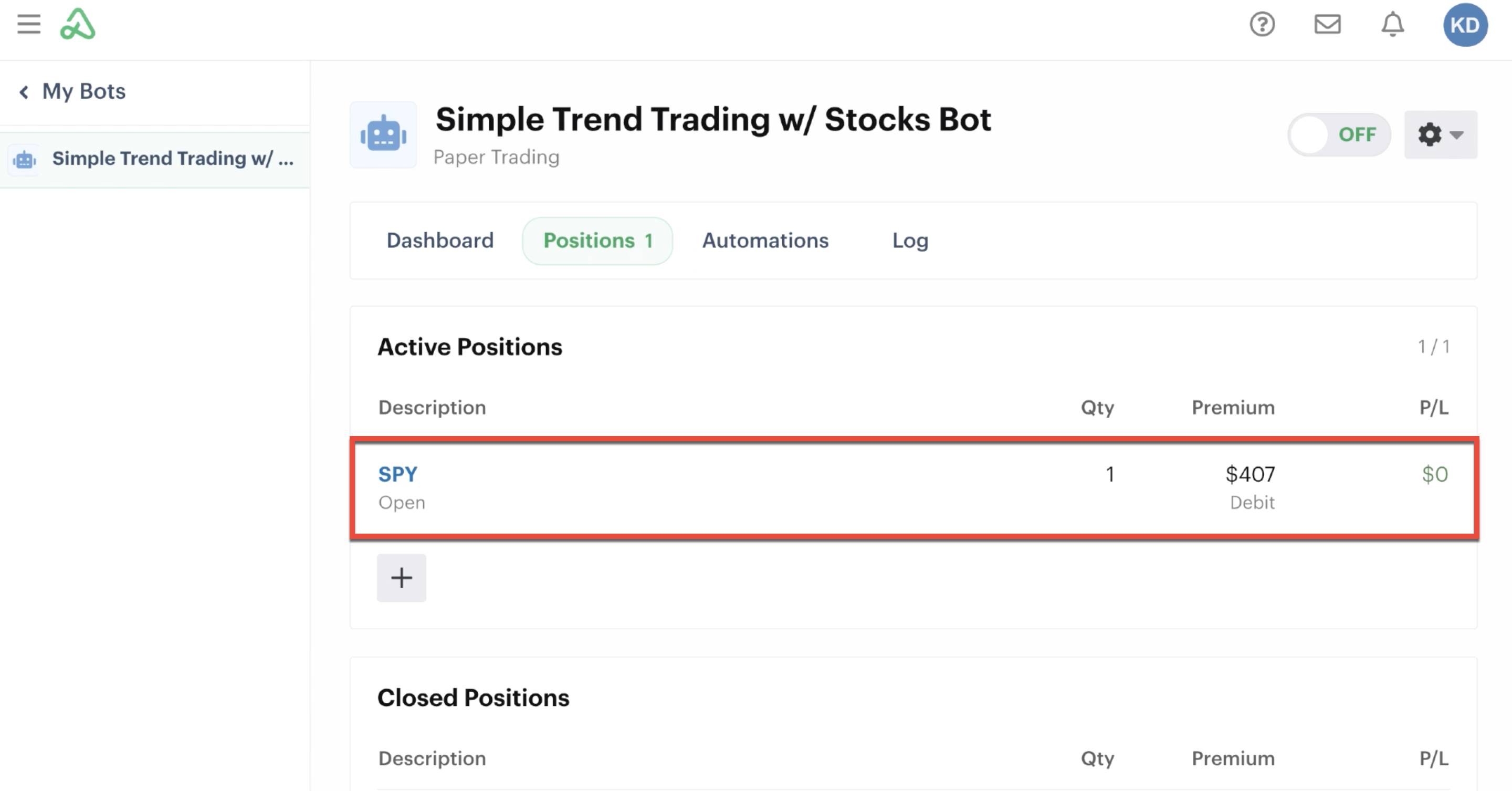 Positions tab highlighting one open position