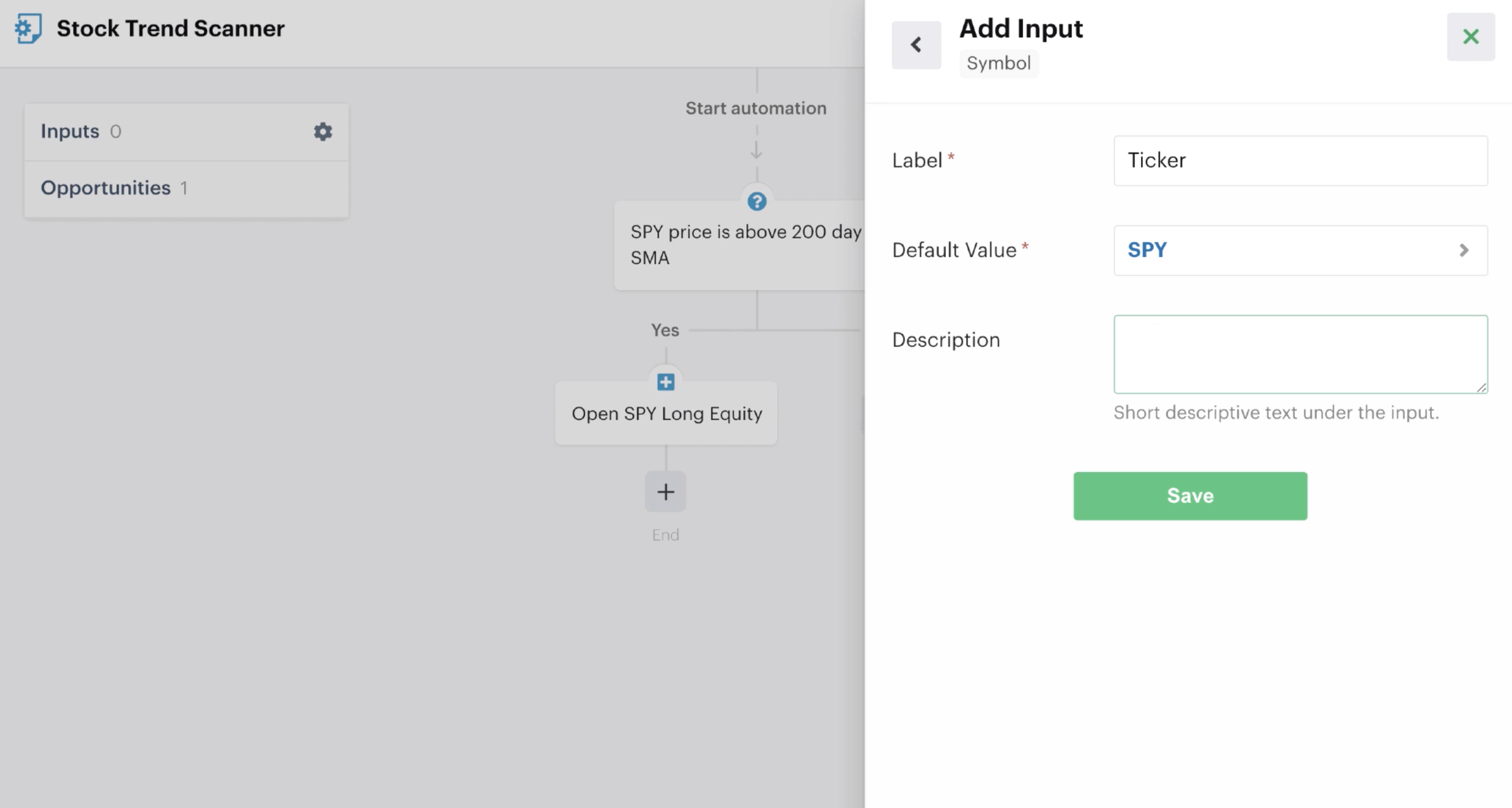 Custom input settings for label, default value, and description