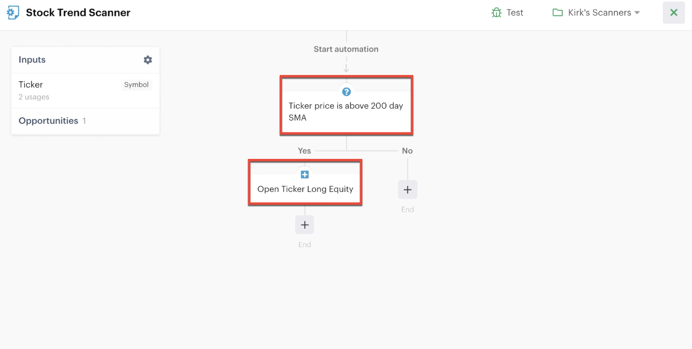 Automation editor highlighting ticker custom inputs in multiple decision actions