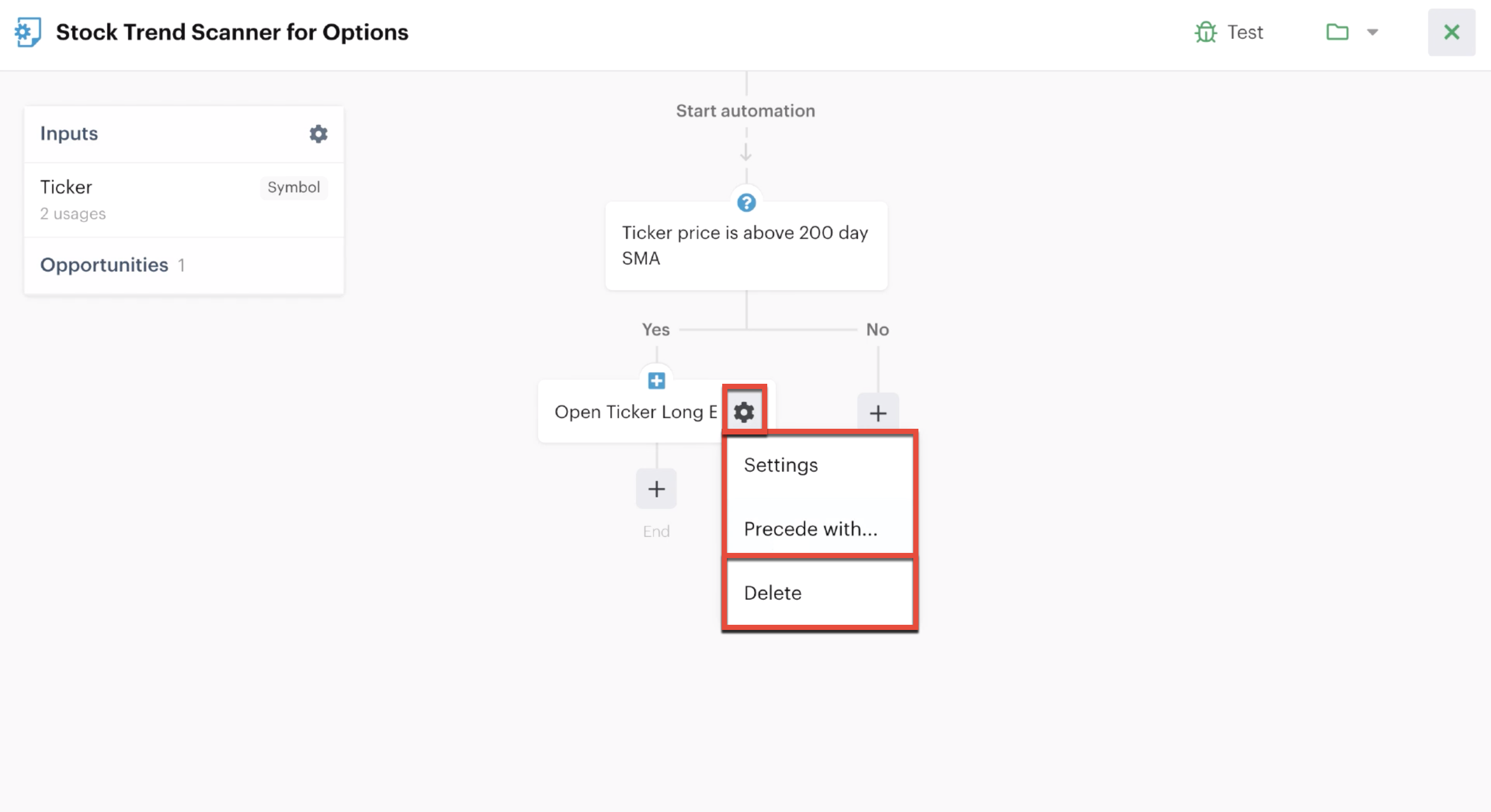 Deleting a bot action in the automation editor