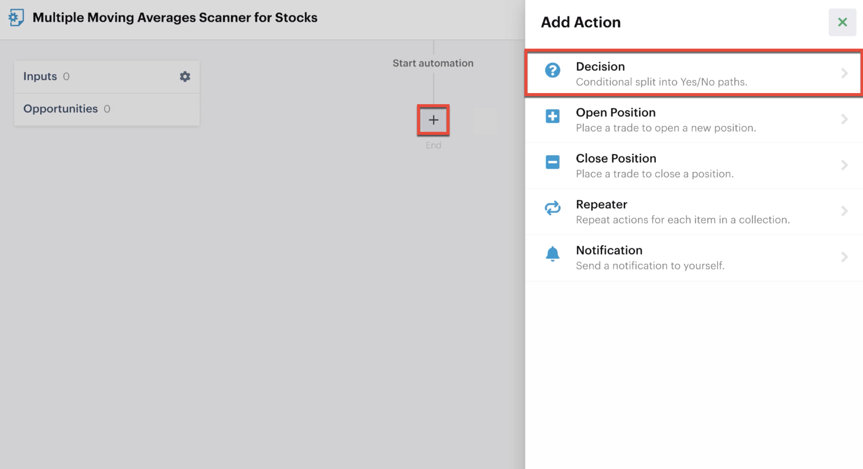 Adding a decision action