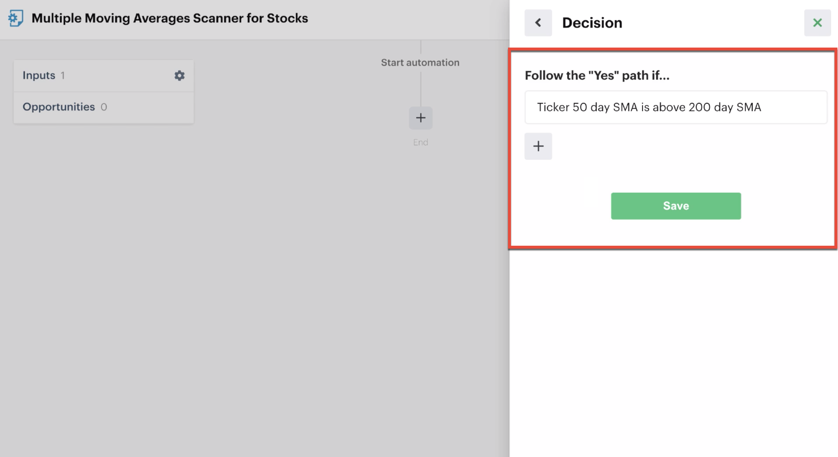 Decision recipe comparing 50-day SMA to 200-day SMA