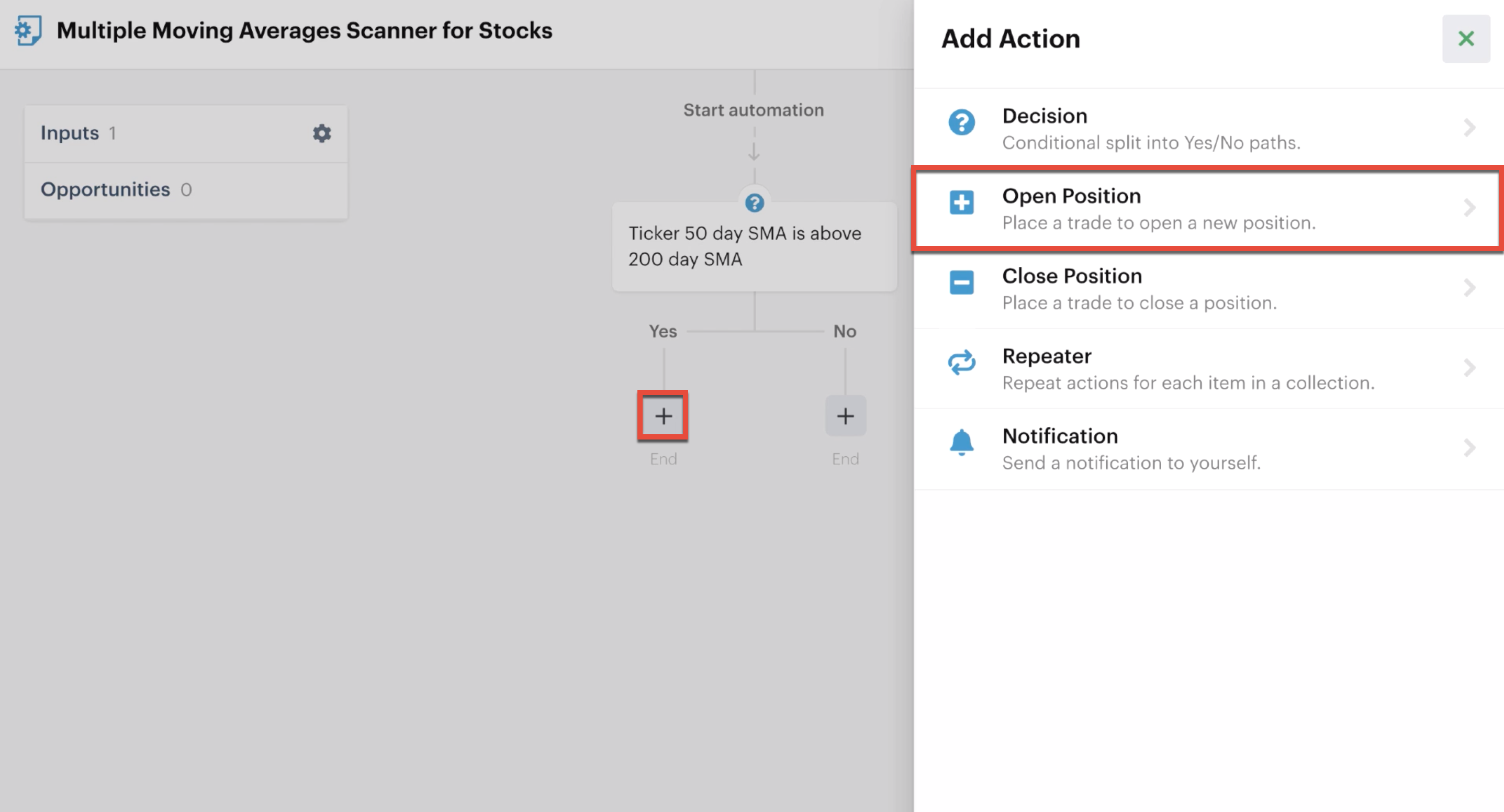 Add an open position action to "Yes" path